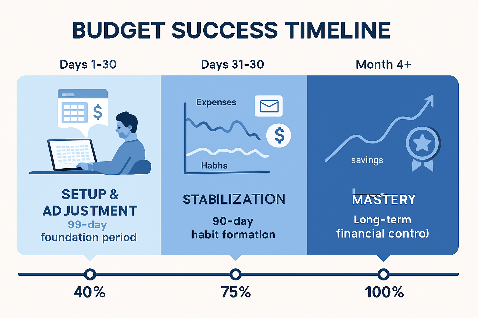 Clean landscape data visualization (1536x1024) showing budget success timeline with three distinct phases. Horizontal timeline spanning left