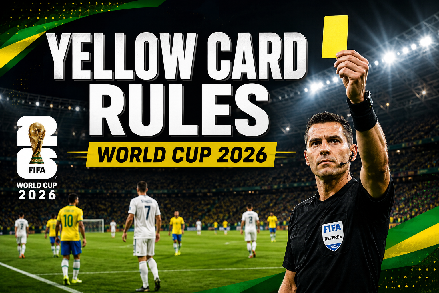 Professional () hero image featuring 'Yellow Card Rules World Cup 2026' in extra large white with dark , centered in upper