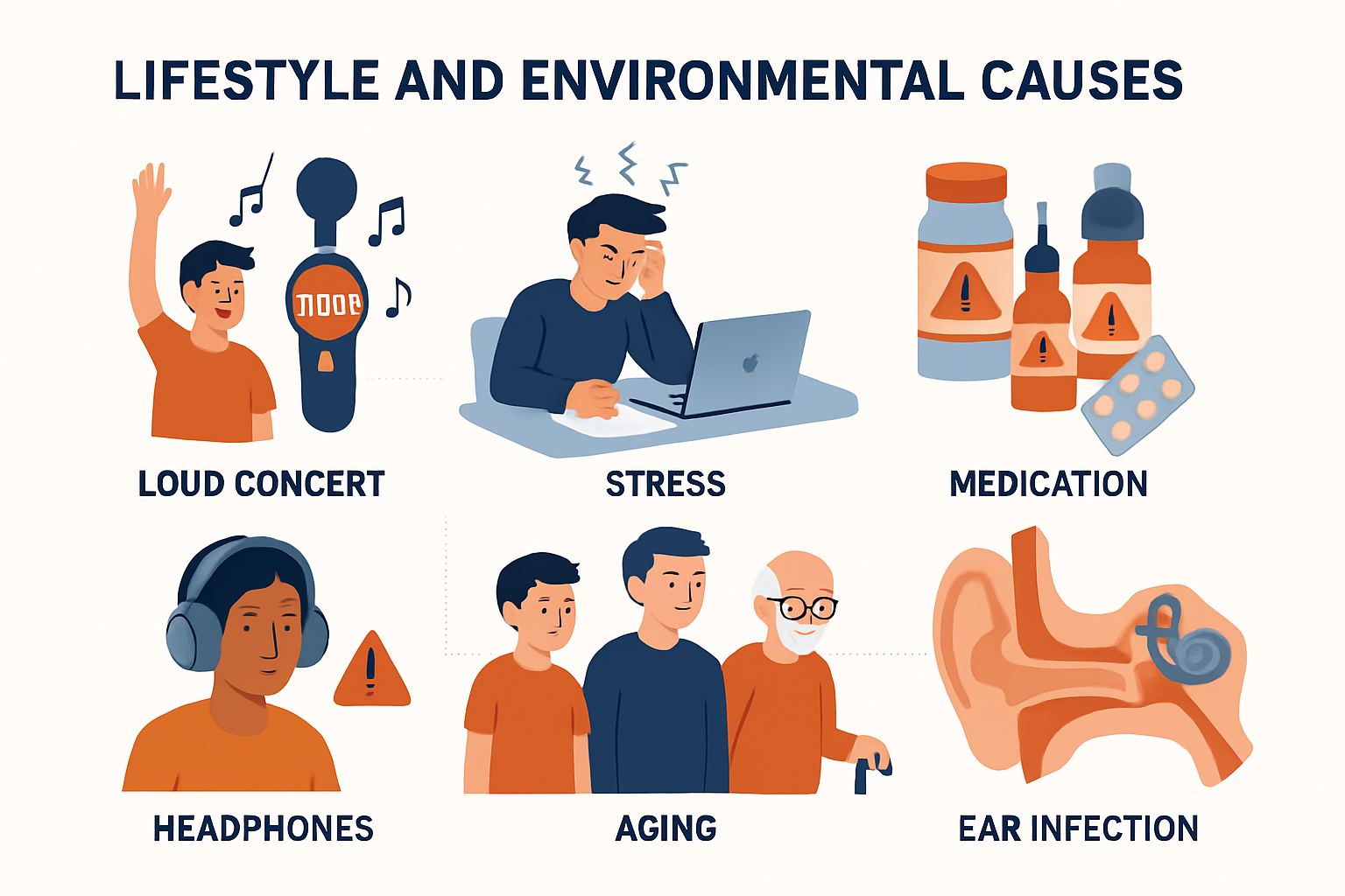Lifestyle and environmental causes infographic displaying grid of six illustrated scenarios: person at loud concert with decibel meter showi