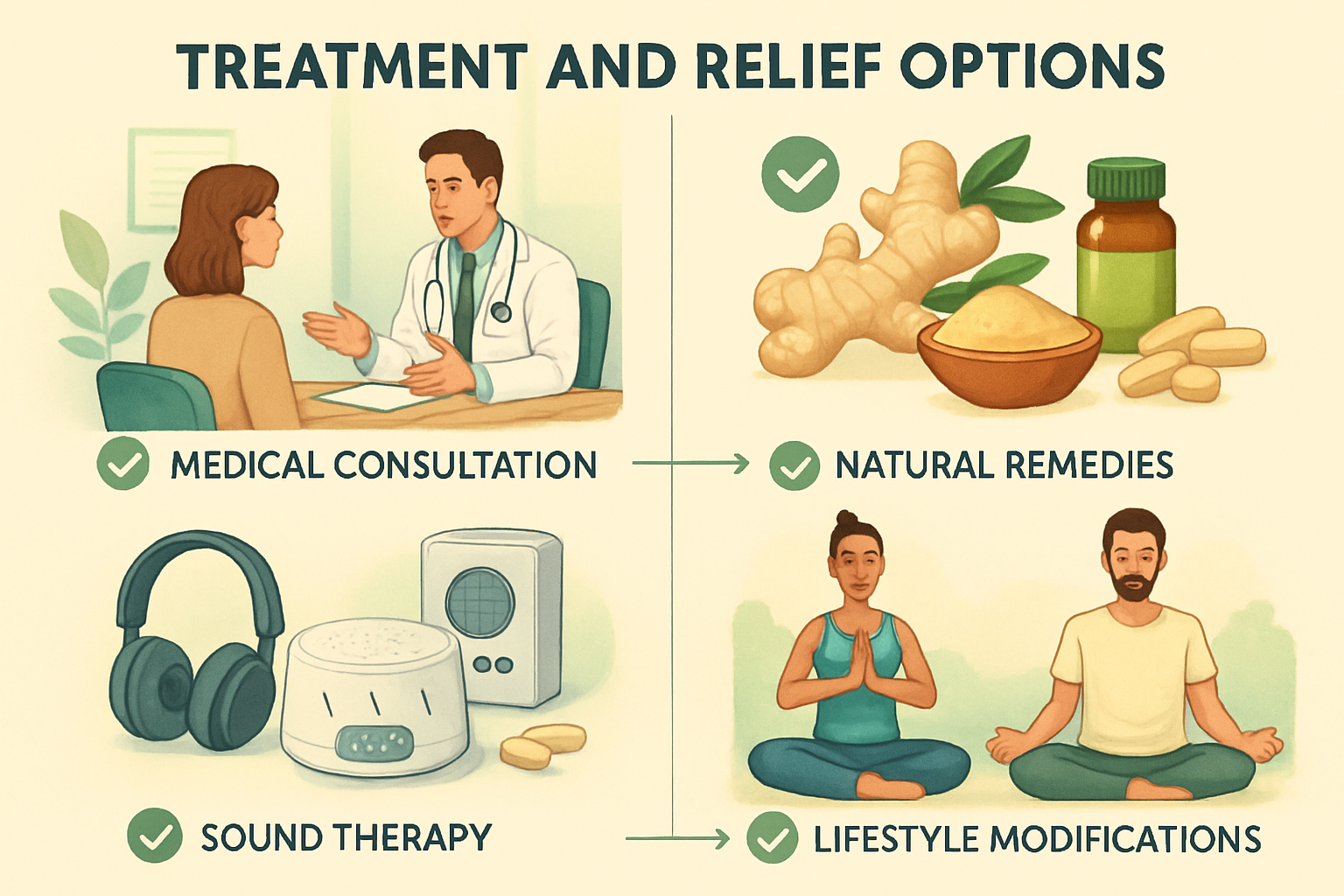 Treatment and relief options visual guide showing four quadrants: medical consultation scene with doctor and patient, natural remedies inclu