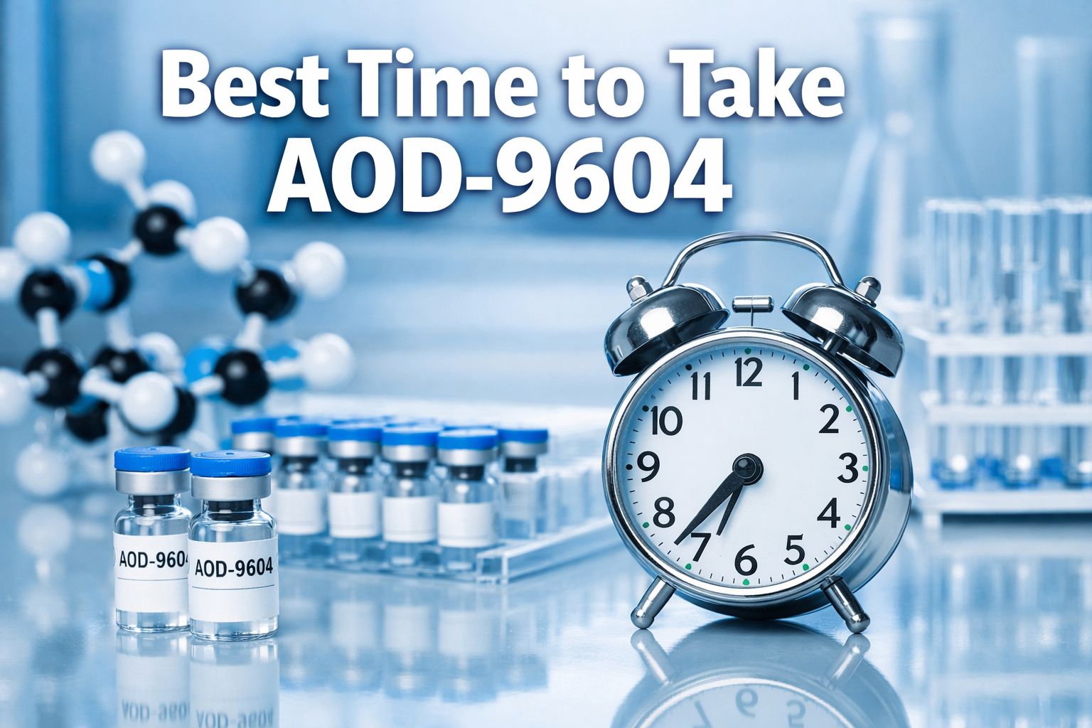 Professional landscape format (1536x1024) hero image featuring bold text overlay 'Best Time to Take AOD-9604' in extra large 72pt white sans