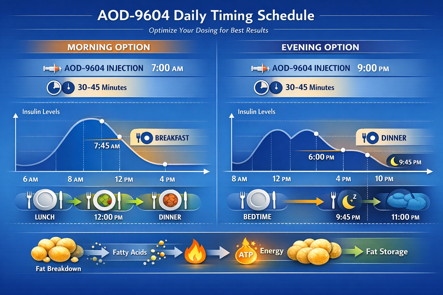 Professional landscape format (1536x1024) infographic displaying daily timing schedule for AOD-9604 with morning and evening options, insuli