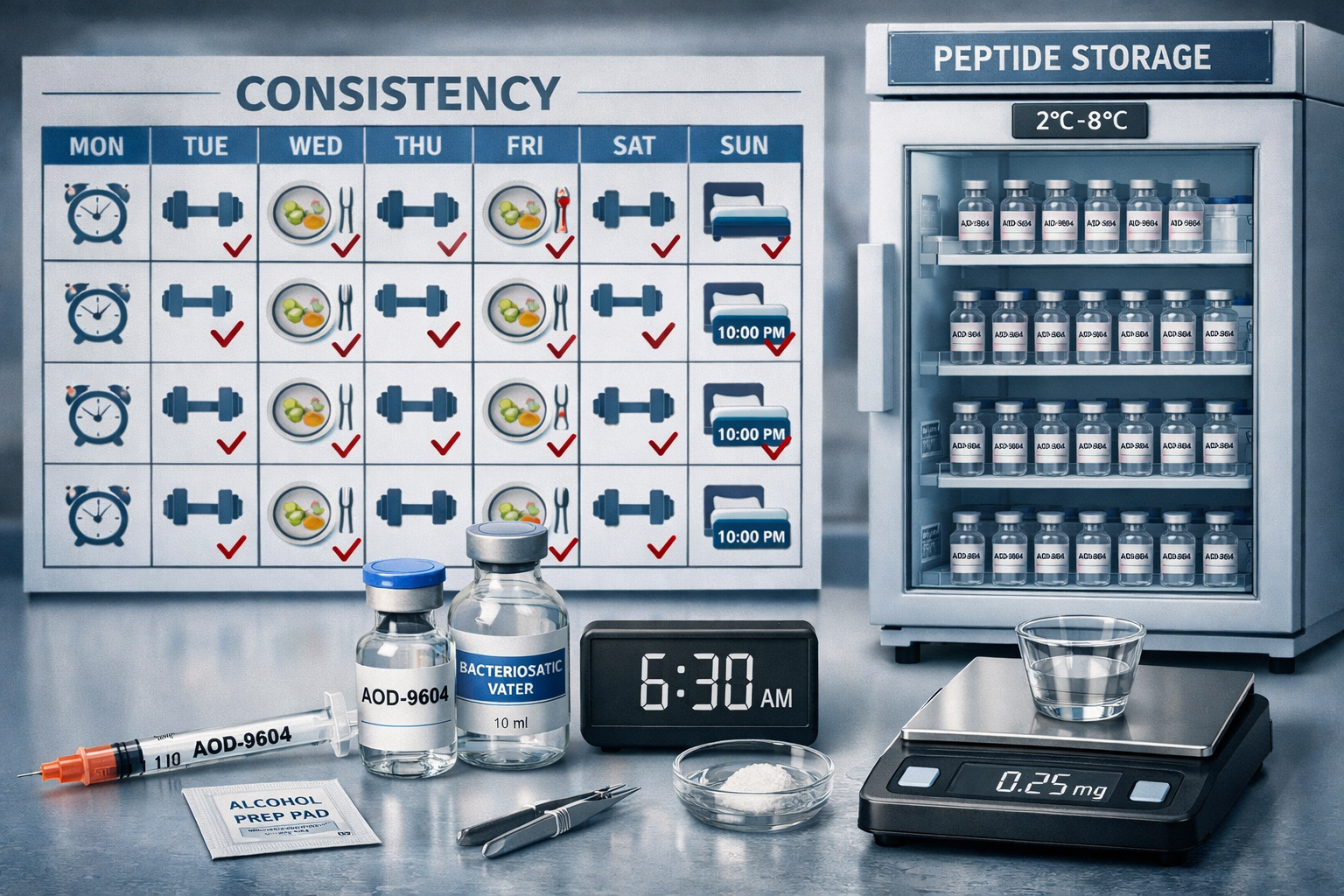 Detailed landscape format (1536x1024) image showing consistency concept with calendar grid, daily routine icons, peptide storage refrigerato