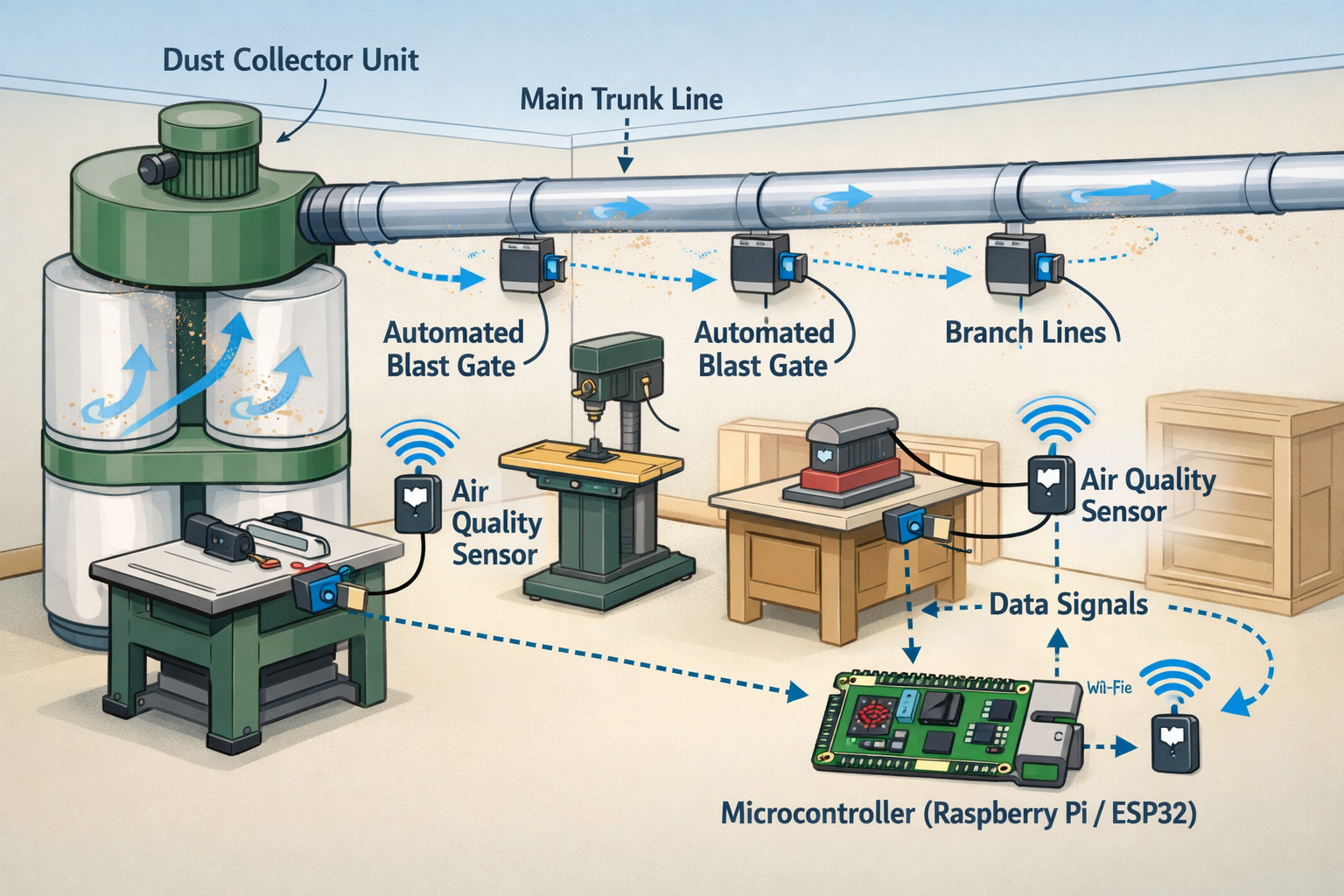 Detailed () image illustrating a schematic diagram or a simplified 3D rendering of a DIY smart dust collection system's