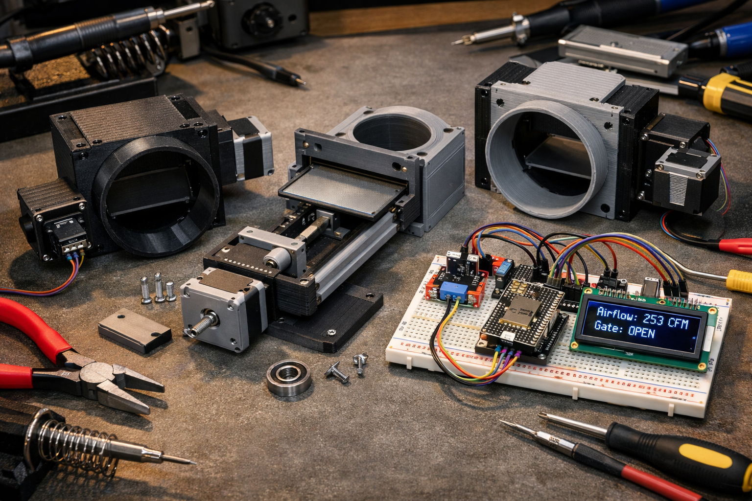 Detailed () image showcasing the components for automated blast gate construction and integration. This includes various
