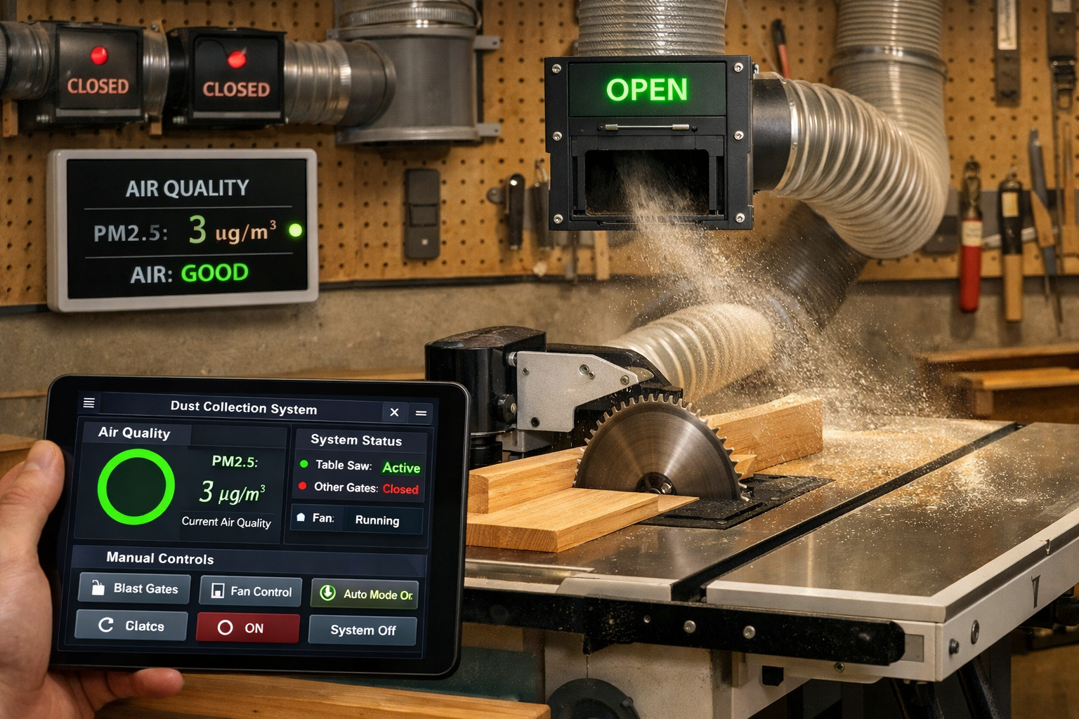 Detailed () image depicting a workshop scene where the smart dust collection system is actively monitoring and reacting. A
