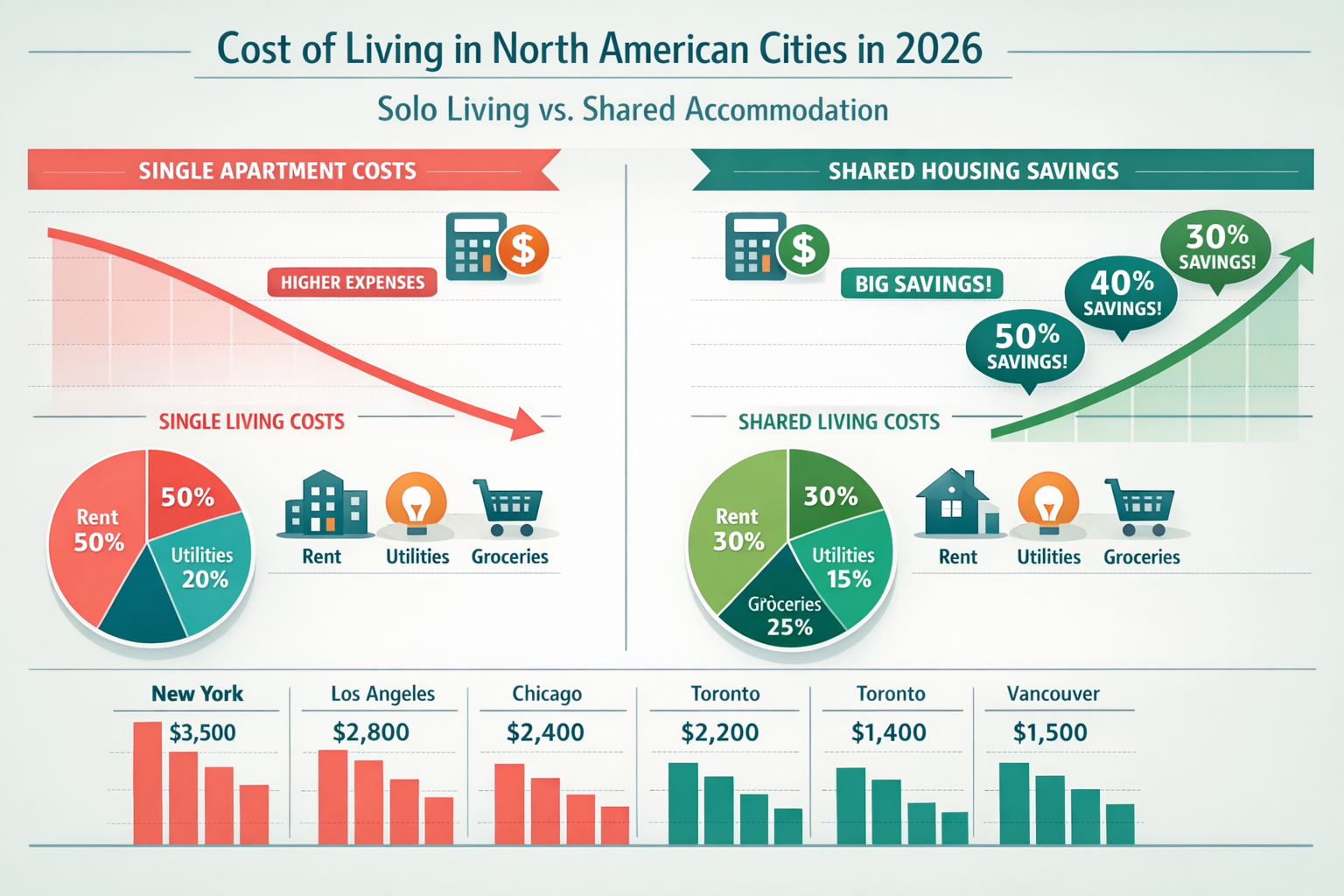 Detailed landscape infographic (1536x1024) showing side-by-side cost comparison charts of solo living versus shared accommodations across ma