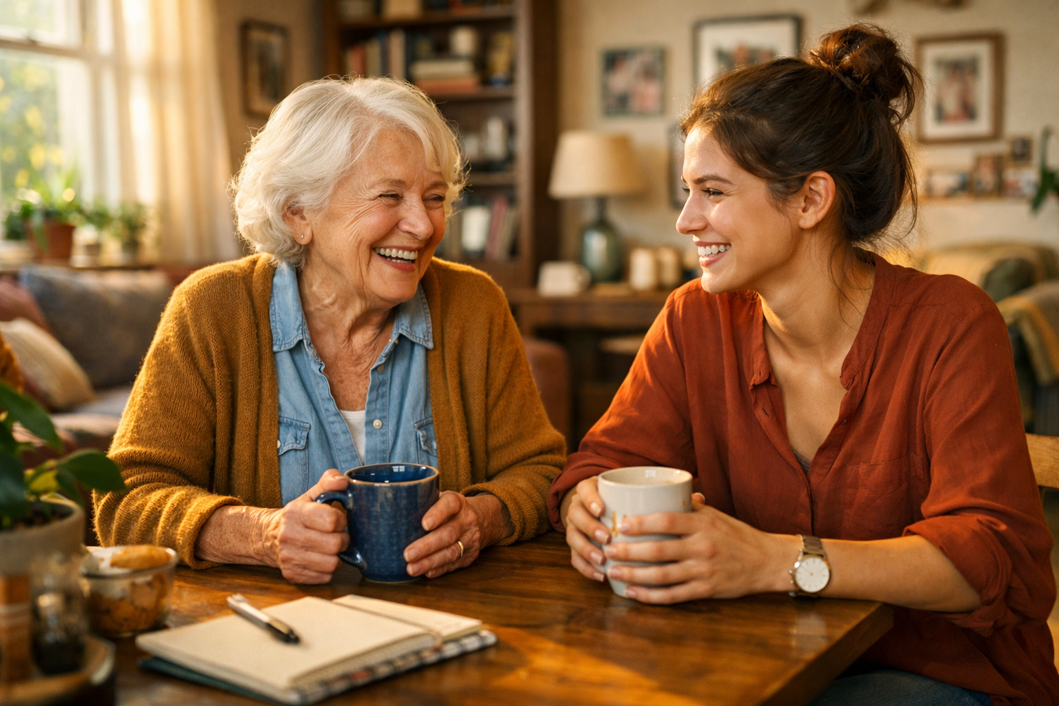 Warm editorial photograph (1536x1024) capturing authentic moment of intergenerational roommates in shared living space: senior woman and you