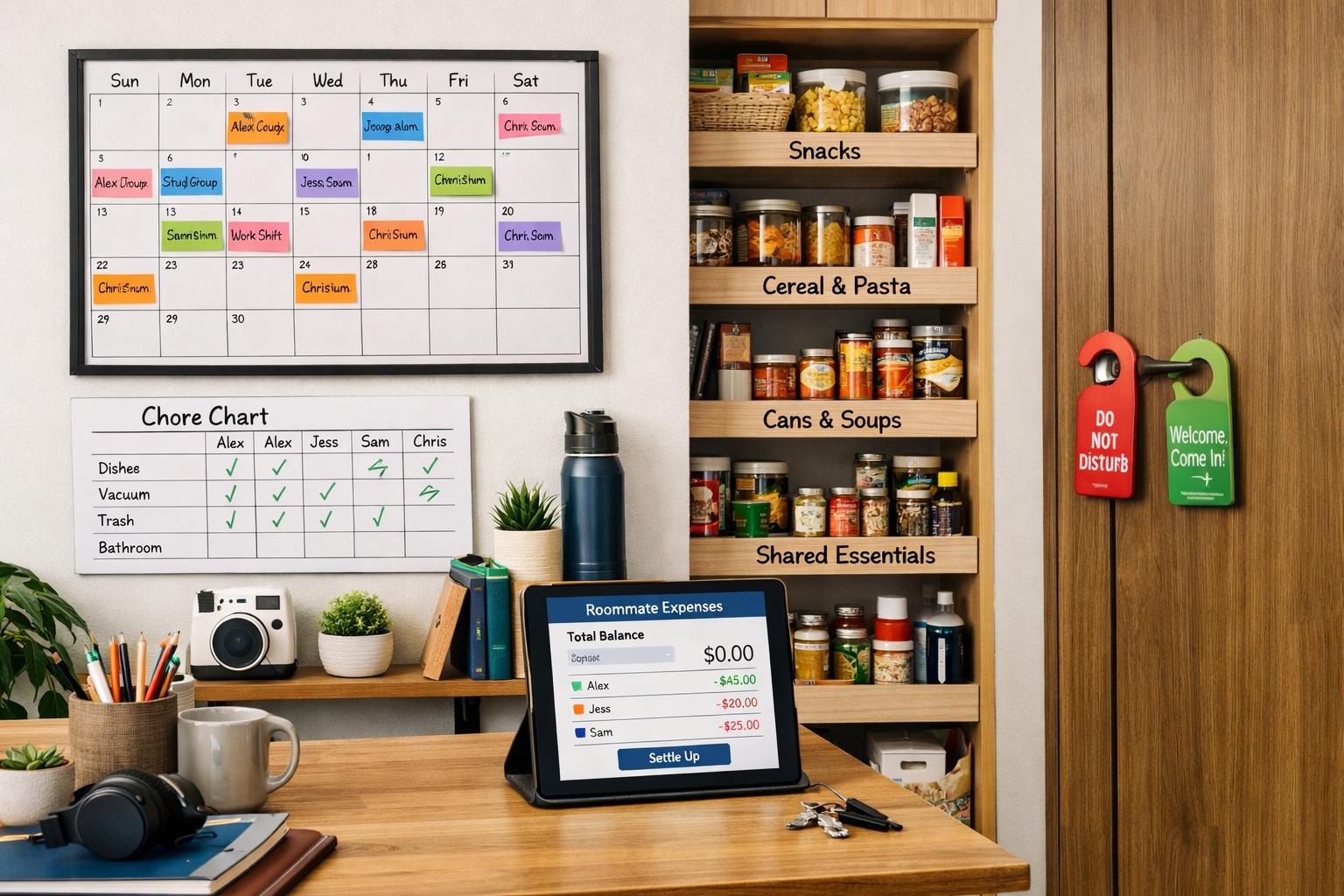 Practical landscape photograph (1536x1024) showing organized shared household setup with visual elements demonstrating successful roommate s