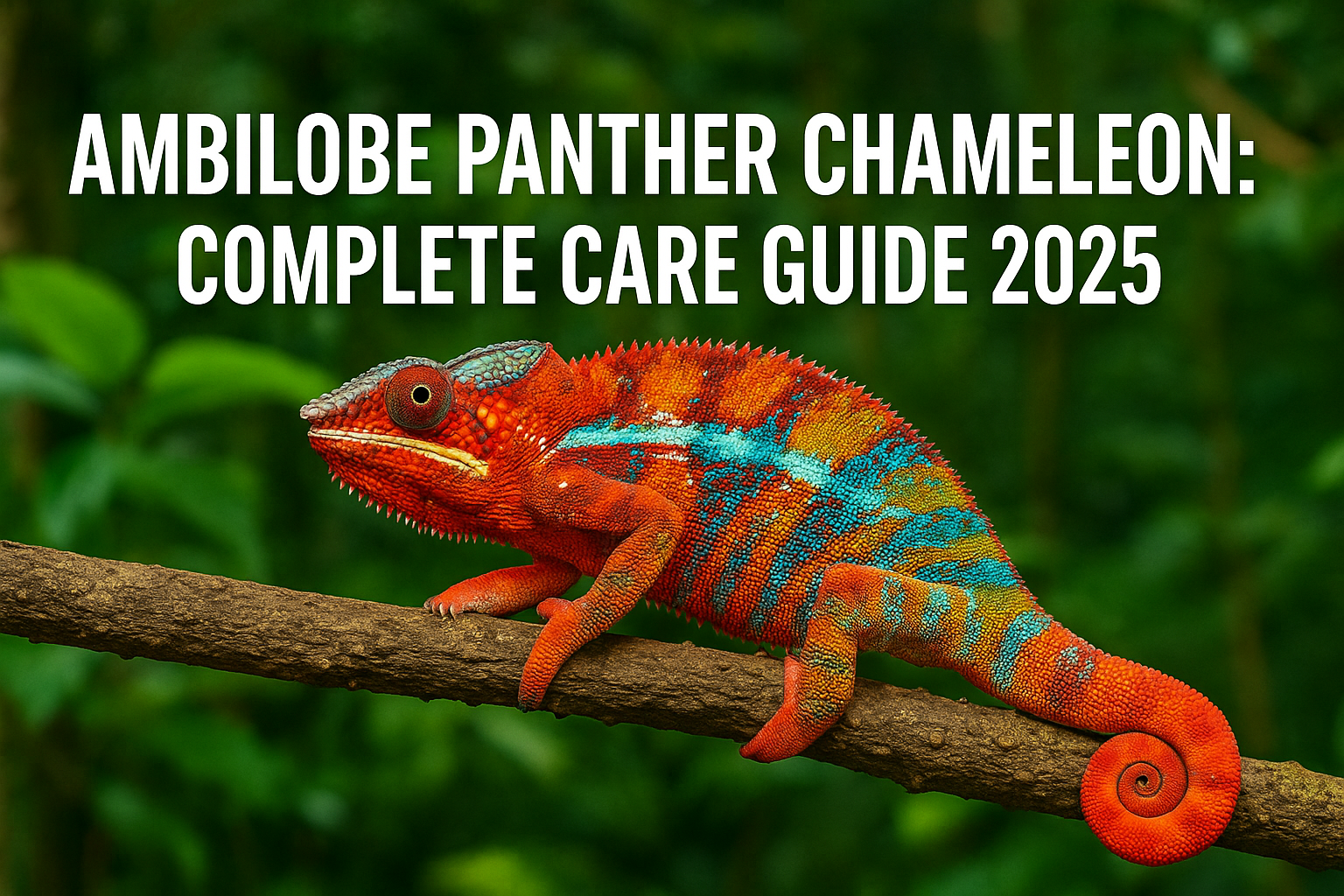 Professional landscape hero image (1536x1024) featuring a vibrant male Ambilobe panther chameleon displaying brilliant red, orange, and blue