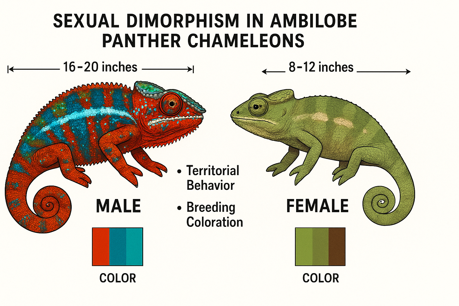 Detailed comparison chart showing male and female Ambilobe panther chameleons side by side, highlighting sexual dimorphism with size measure