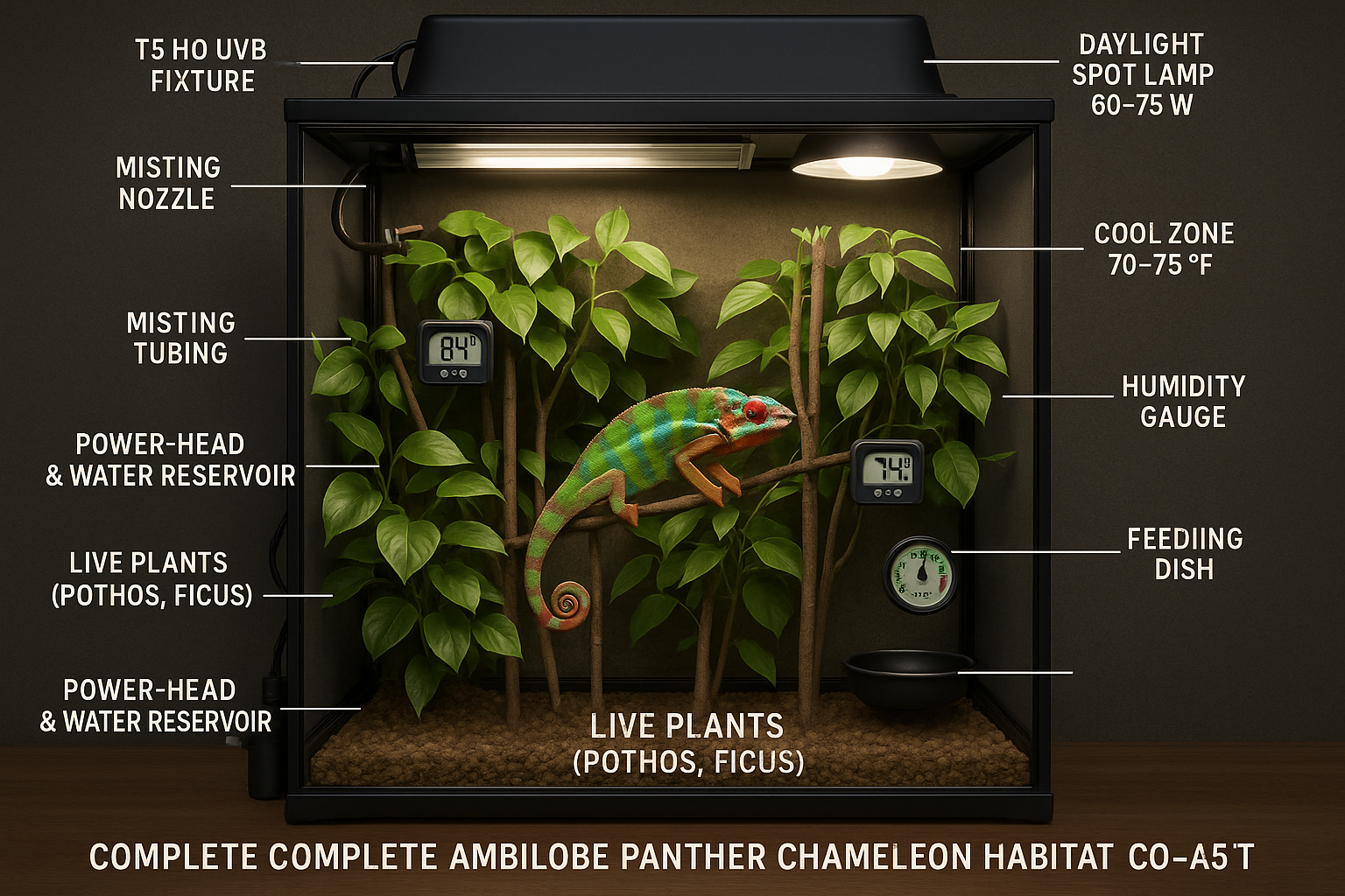 Professional terrarium setup photograph showing complete Ambilobe panther chameleon habitat with proper UVB lighting fixtures, live plants i