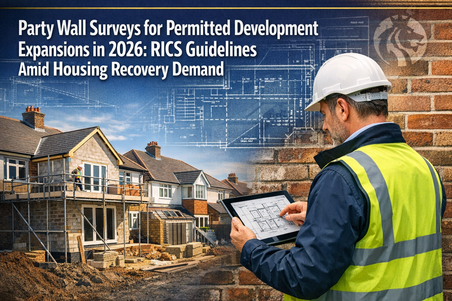 Professional landscape format (1536x1024) hero image featuring bold text overlay 'Party Wall Surveys for Permitted Development Expansions in