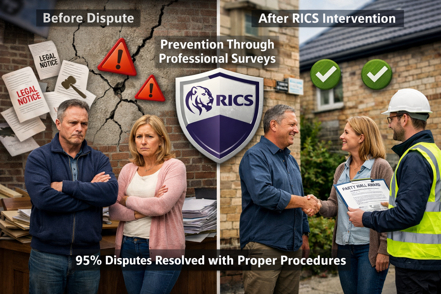 Landscape format (1536x1024) split-screen comparison image showing 'Before Dispute' vs 'After RICS Intervention' scenarios. Left side: frust
