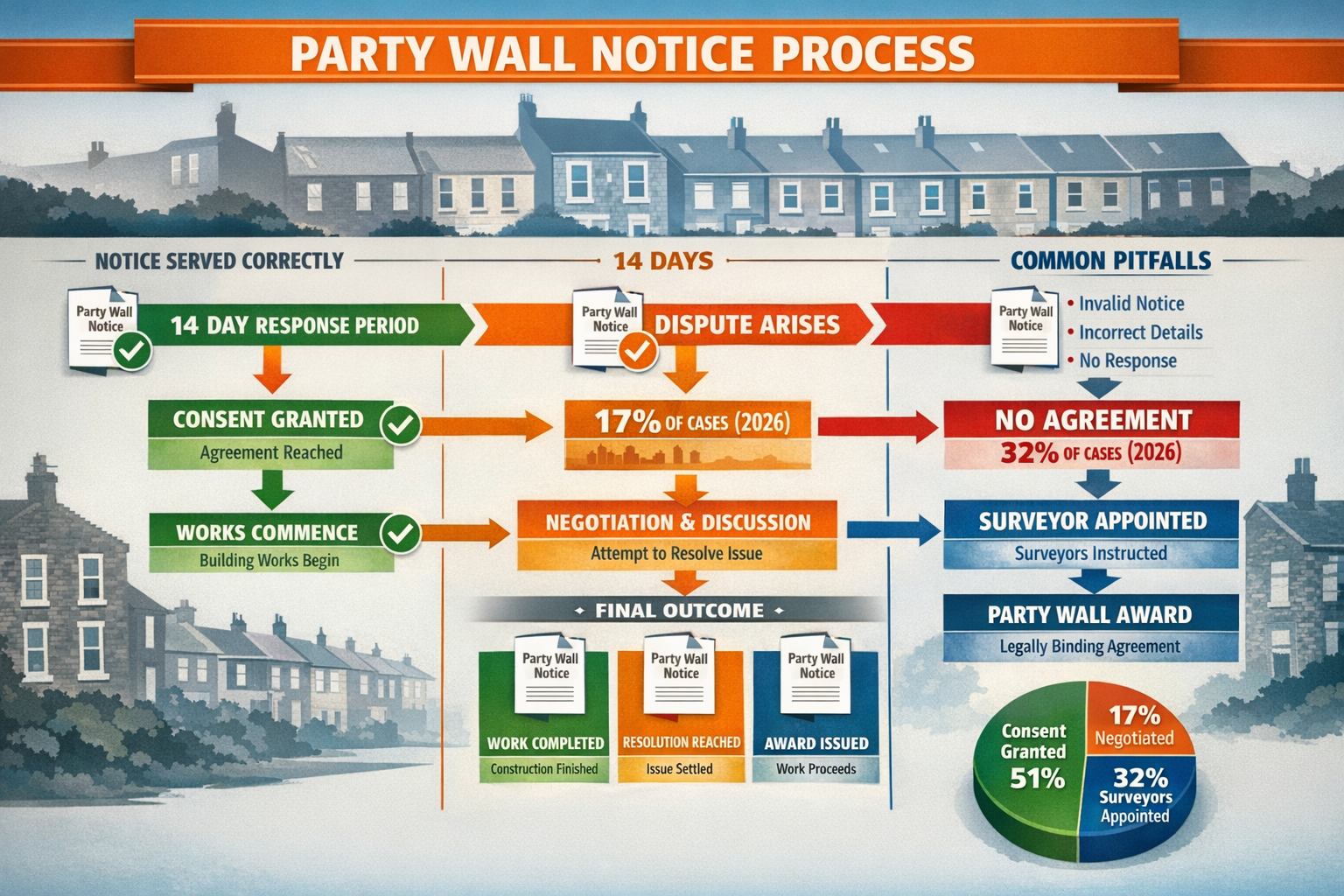 Detailed () infographic-style image showing party wall notice process flowchart with three distinct pathways: consent