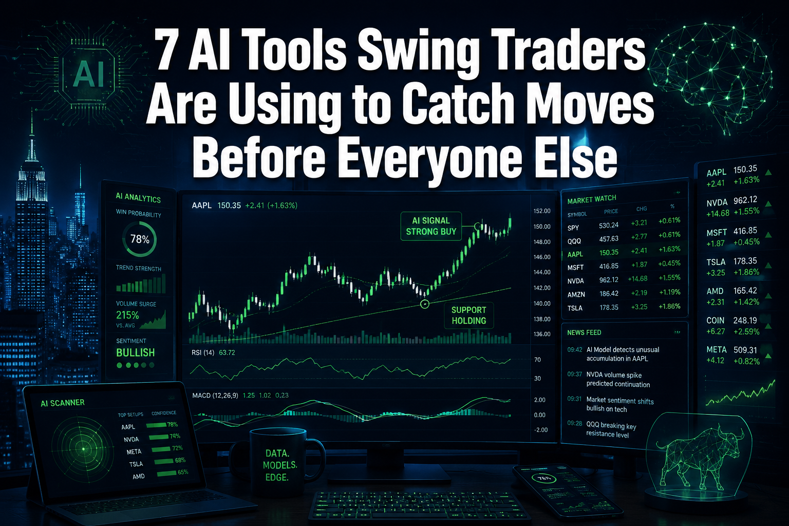 Professional () hero image with : '7 AI Tools Swing Traders Are Using to Catch Moves Before Everyone Else' in extra large