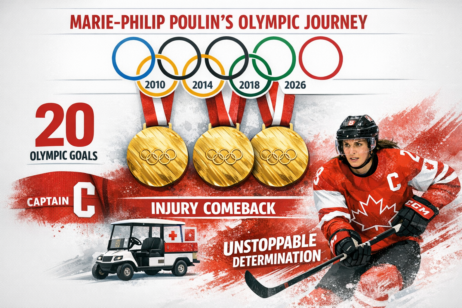 Landscape format (1536x1024) editorial image showing Marie-Philip Poulin's Olympic journey timeline infographic with five Olympic rings repr