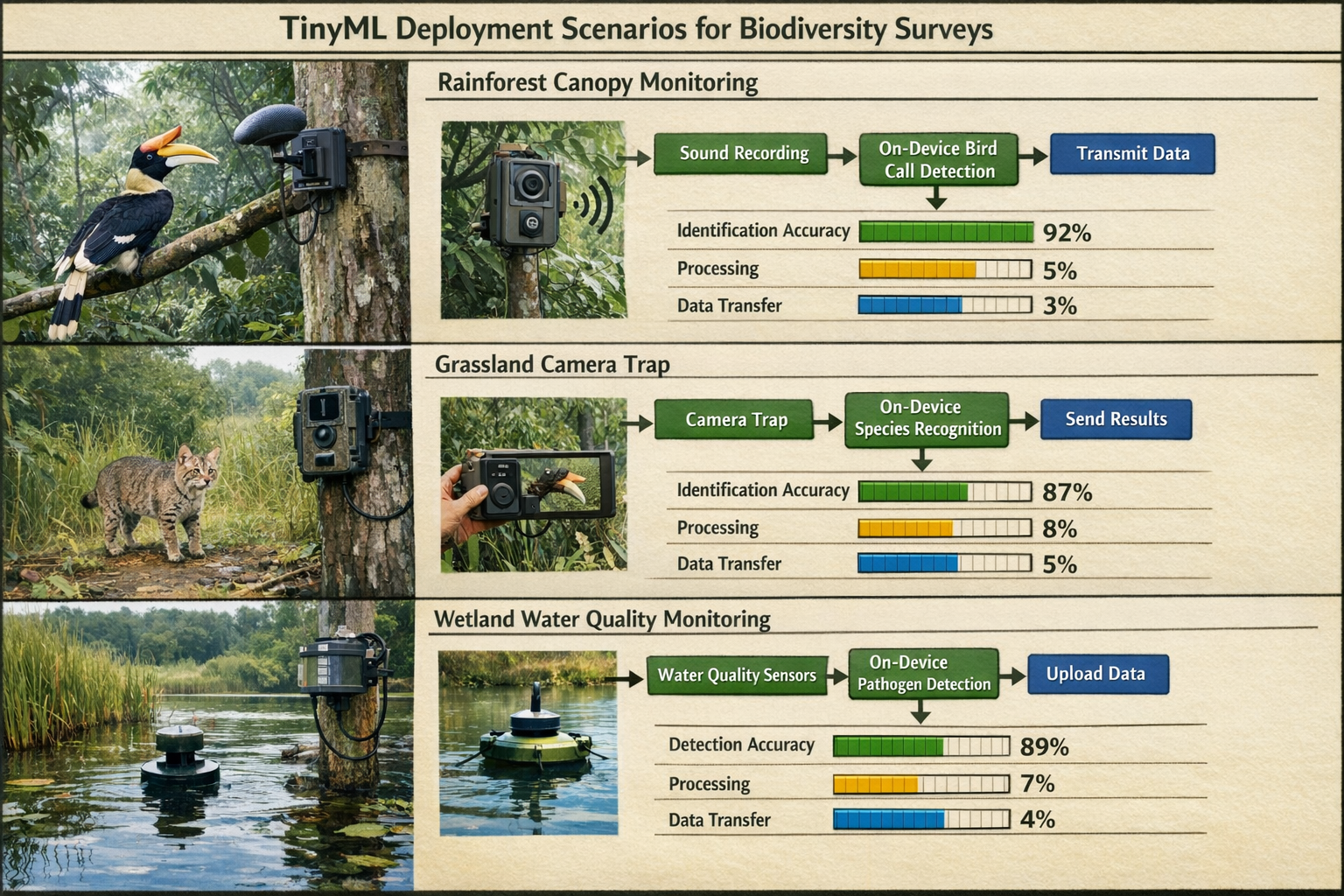 Landscape format (1536x1024) comprehensive comparison infographic showing three deployment scenarios for TinyML in biodiversity surveys. Top