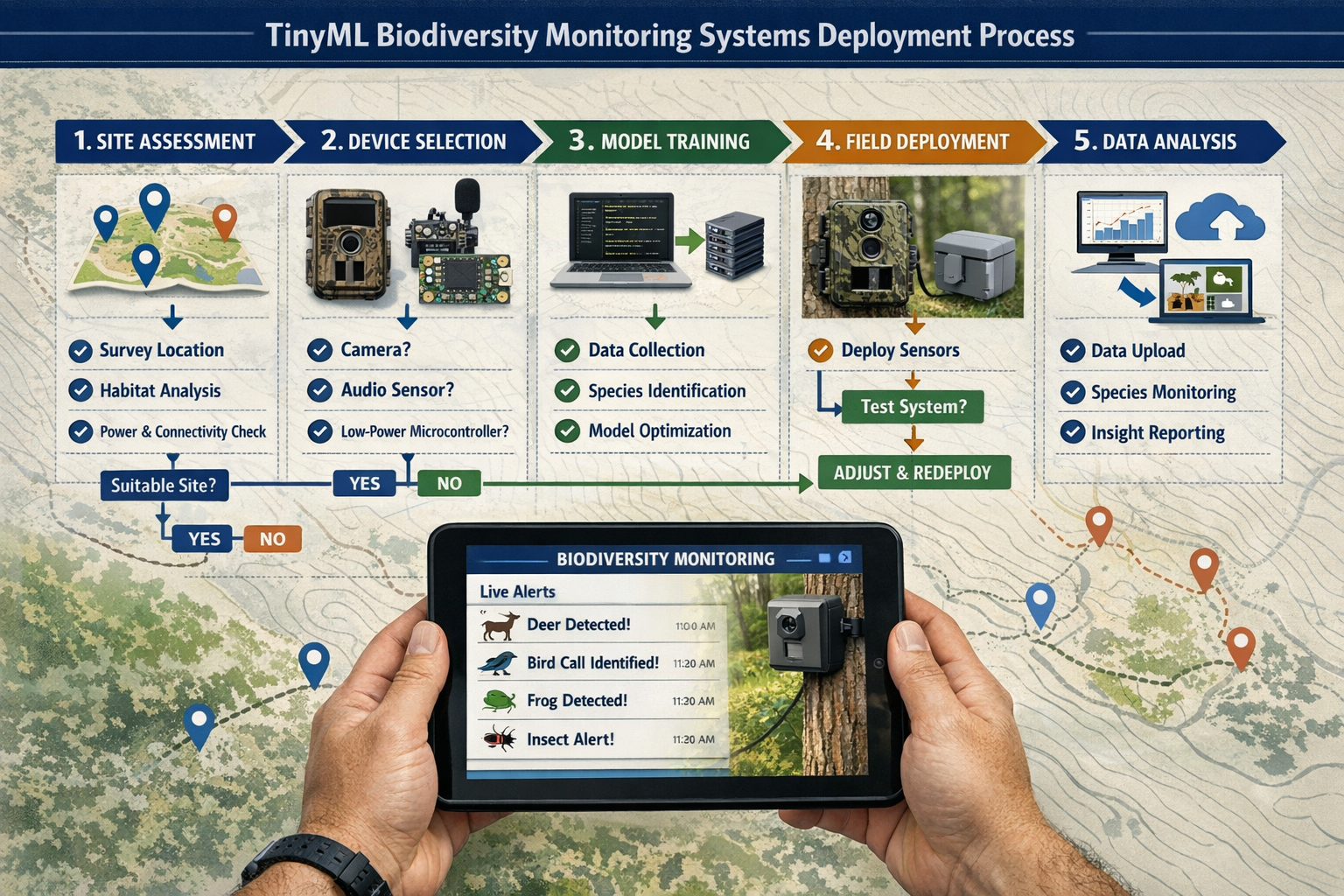 Landscape format (1536x1024) practical workflow diagram showing step-by-step implementation process for surveyors deploying TinyML biodivers