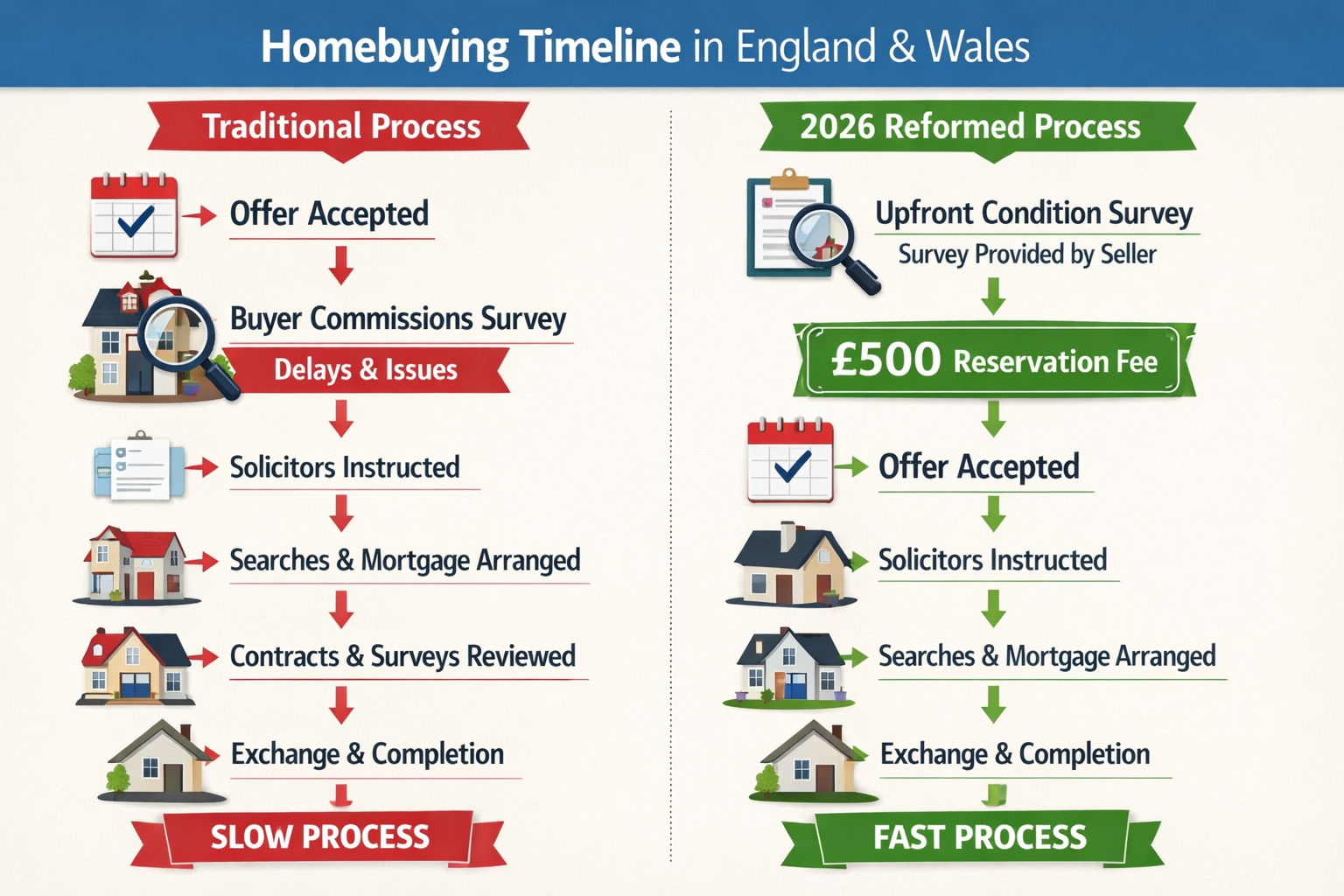 () editorial image showing detailed comparison infographic of old versus new homebuying timeline in England and Wales. Left