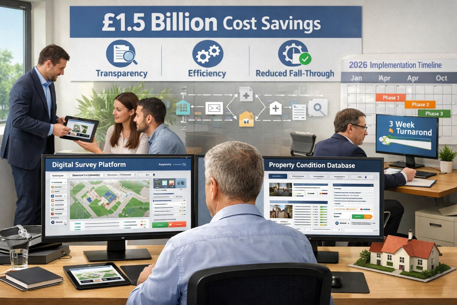 () modern professional scene showing property transaction stakeholders adapting to 2026 reforms. Foreground features