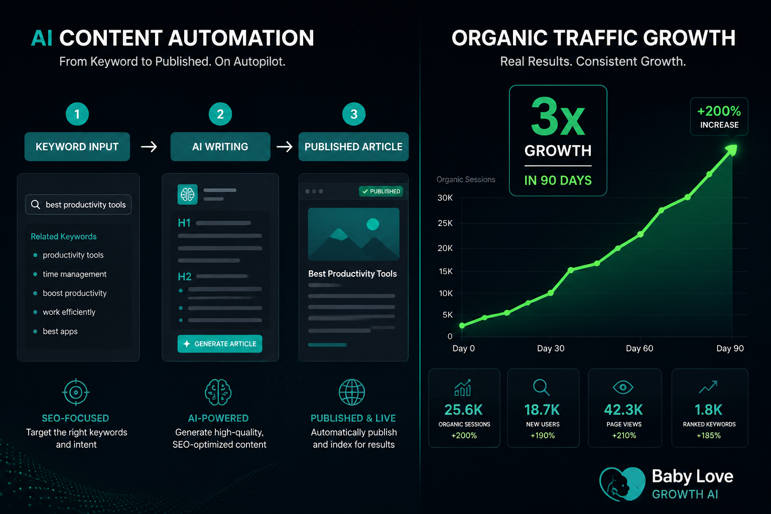 What Exactly Is Baby Love Growth AI and How Does It Work? Detailed landscape format (1536x1024) showing a split-screen composition: left side displays a clean AI content automation workflow diagram with arrows flowing from 'Keyword Input' through 'AI Writing' to 'Published Article', right side shows a rising organic traffic chart with green upward curve labeled '3x growth in 90 days'. Dark background with teal and white accents, flat design infographic style, Baby Love Growth AI branding watermark bottom right, editorial quality.What Exactly Is Baby Love Growth AI and How Does It Work?