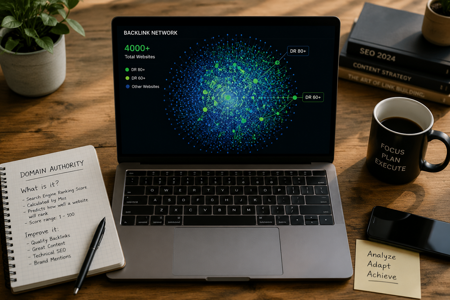 What Are the Core Features of Baby Love Growth AI That Drive Results? Detailed landscape format (1536x1024) depicting a top-down aerial view of a modern wooden desk with a laptop screen showing a backlink network visualization — interconnected nodes representing 4000+ websites in a web pattern, with highlighted green nodes labeled 'DR 60+' and 'DR 80+'. A coffee mug and notebook with handwritten 'domain authority' notes sit beside the laptop. Warm natural lighting, photorealistic editorial style, shallow depth of field, professional workspace atmosphere.What Are the Core Features of Baby Love Growth AI That Drive Results?