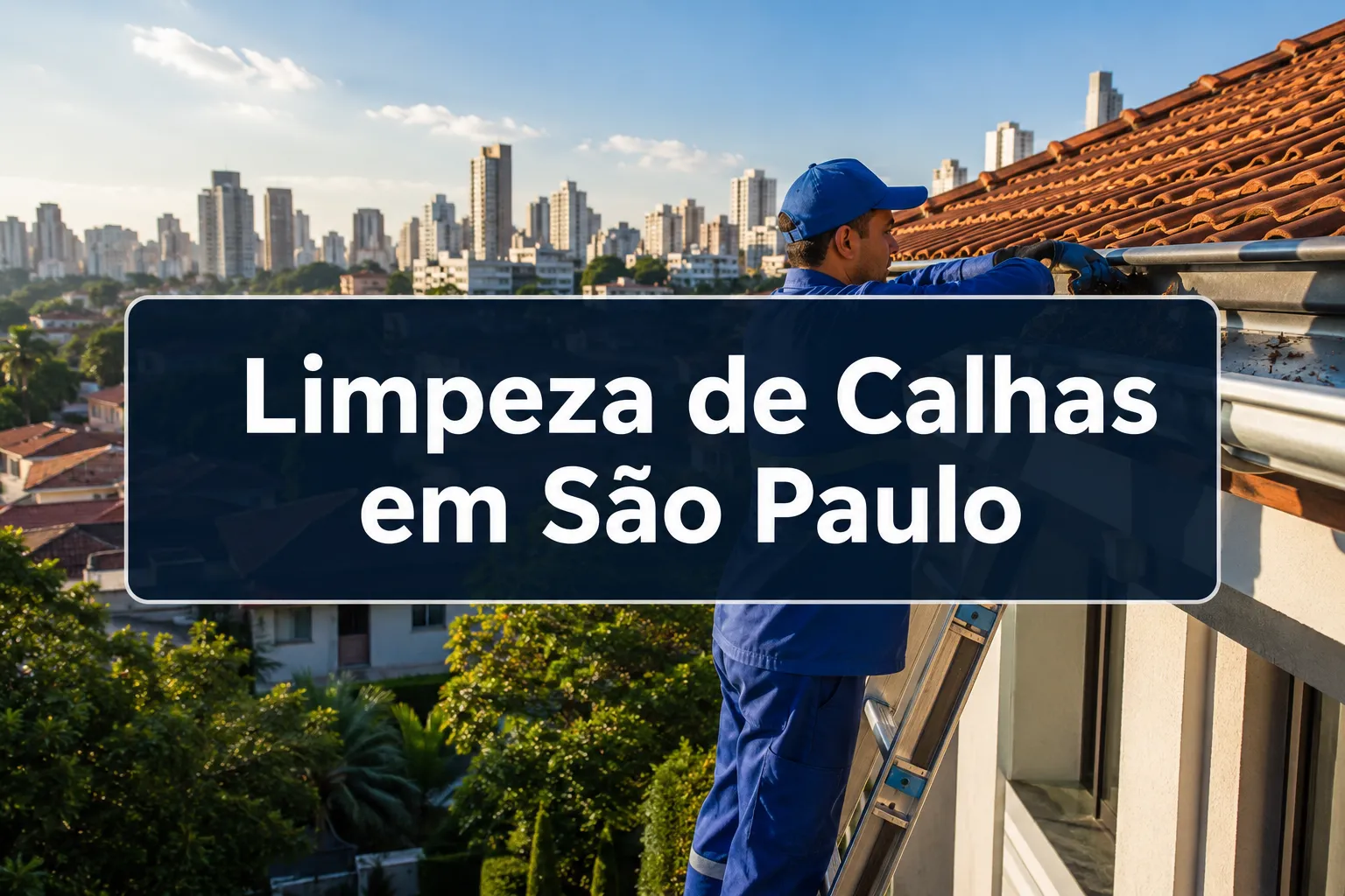 Professional () hero image with (≤42 chars): 'Limpeza de Calhas em São Paulo', white on a deep navy semi-transparent panel,