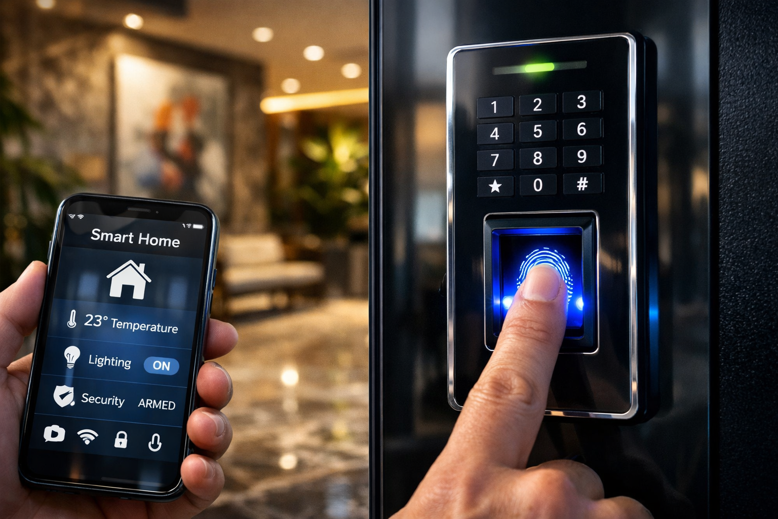 () editorial image showing close-up of modern biometric fingerprint scanner on sleek black glass panel mounted on luxury