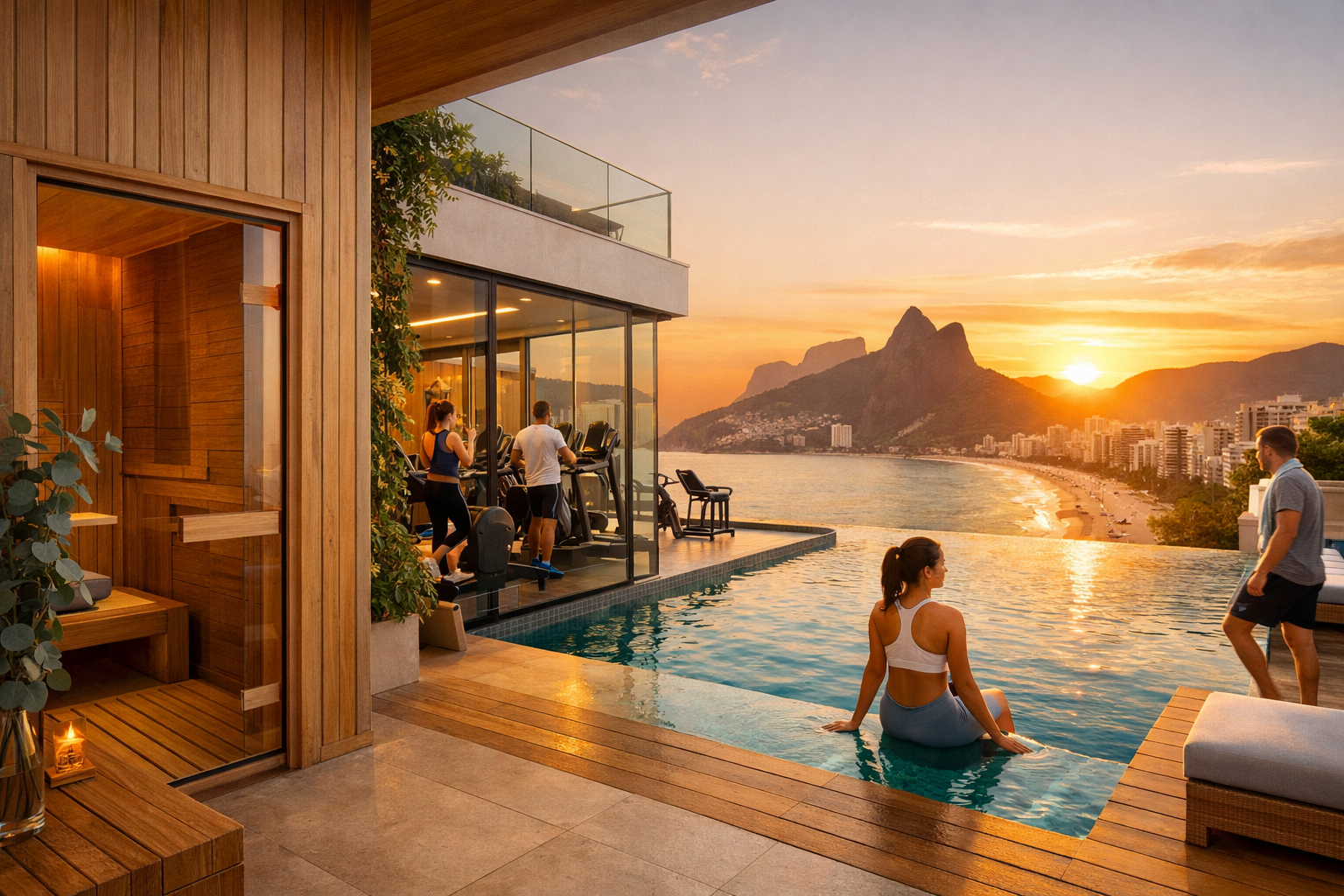 () sophisticated interior photograph of luxury wellness amenity space in Rio Zona Sul condominium, featuring rooftop