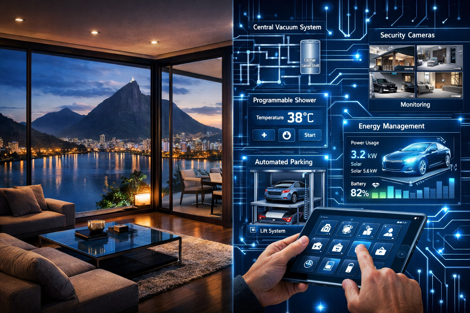 () futuristic smart home technology visualization showing split-screen composition, left side displays luxury Rio apartment