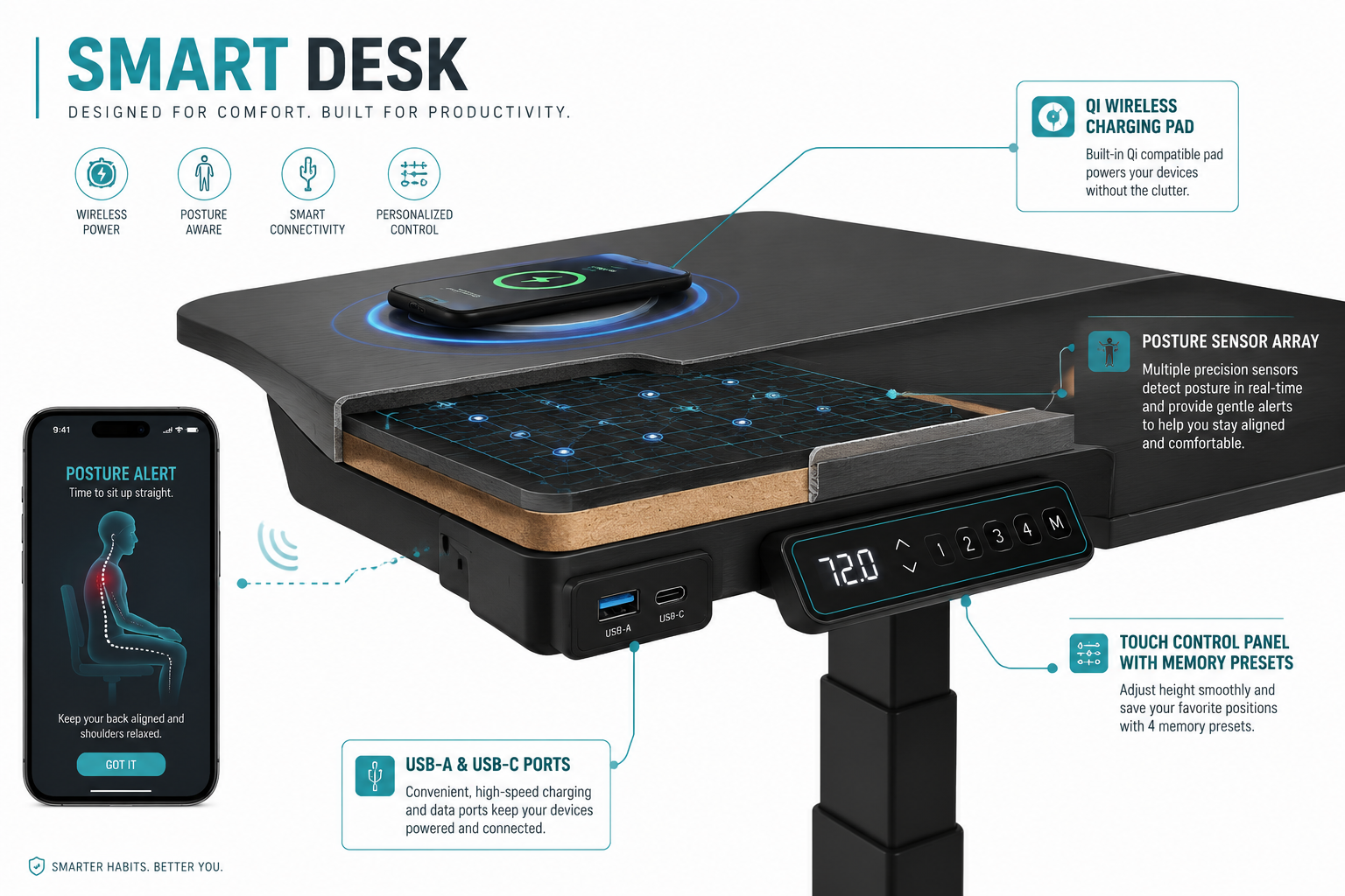 Smart Office Desks with Wireless Charging and Posture Sensors Detailed landscape format (1536x1024) infographic-style illustration showing a cutaway diagram of a smart office desk with labeled components: built-in Qi wireless charging pad with glowing blue ring, posture sensor array embedded in desk surface, USB-A and USB-C ports on the side panel, touch control panel with height memory presets, and a smartphone displaying a posture alert notification. Clean white background with teal and charcoal color scheme, technical diagram aesthetic, professional editorial quality, smart desk technology focus.
Smart Office Desks