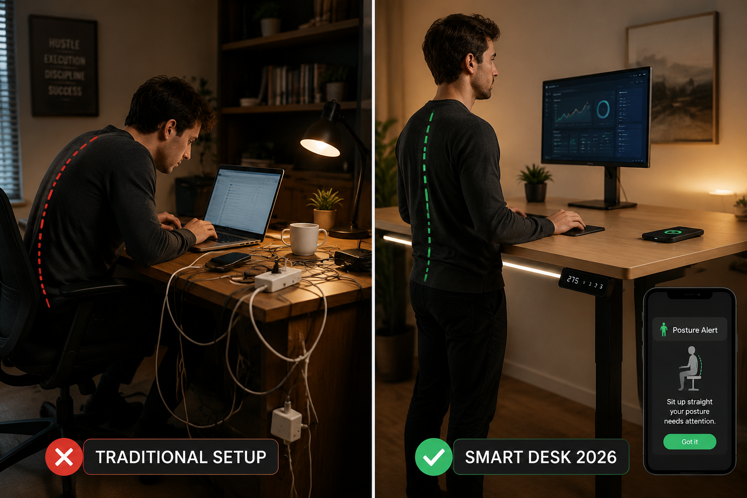Smart Office Desks with Wireless Charging and Posture Sensors Detailed landscape format (1536x1024) split-scene comparison image: left side shows a person slumping at a traditional desk with a tangle of charging cables and no posture feedback, right side shows the same person sitting upright at a modern smart standing desk with a wireless charging pad, a posture alert notification on a nearby phone screen, and a cable-free clean surface. Bold dividing line in the center, labels reading 'Traditional Setup' and 'Smart Desk 2026', professional editorial photography style, warm office lighting, high contrast.
What to Avoid When Buying a Smart Office Desk