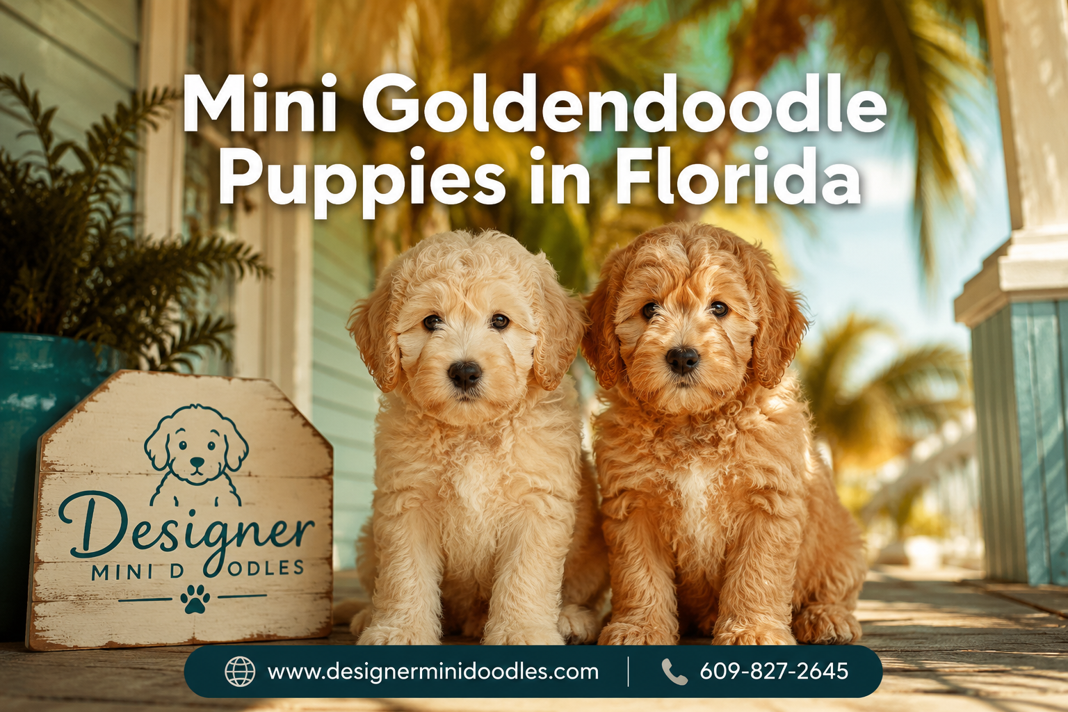 Professional () hero image with : 'Mini Goldendoodle Puppies in Florida' in white with subtle drop , positioned in