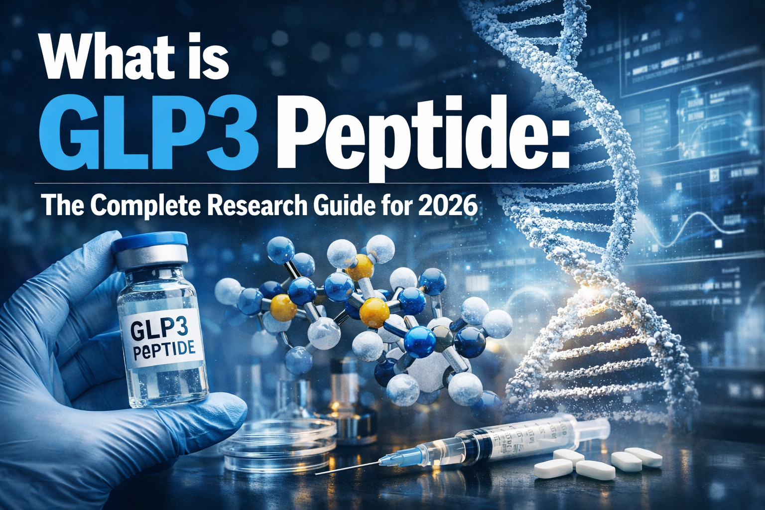 Professional landscape hero image (1536x1024) with bold text overlay: "What is GLP3 Peptide: The Complete Research Guide for 2026". Modern d