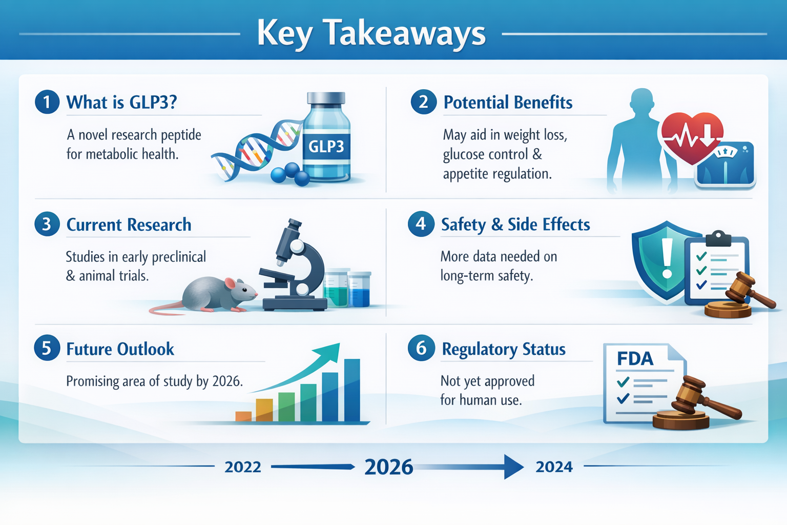 Professional landscape infographic (1536x1024) for article "What is GLP3 Peptide: The Complete Research Guide for 2026", section: "Key Takea