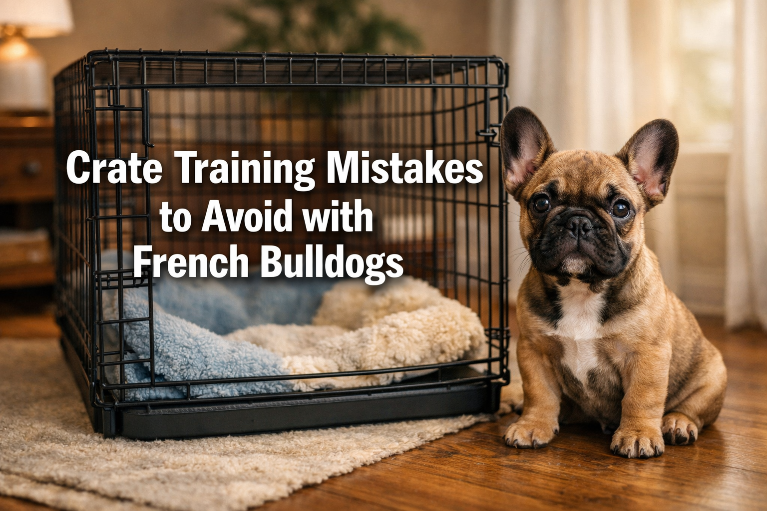 Professional landscape format (1536x1024) hero image with bold text overlay 'Crate Training Mistakes to Avoid with French Bulldogs' in 70pt 
