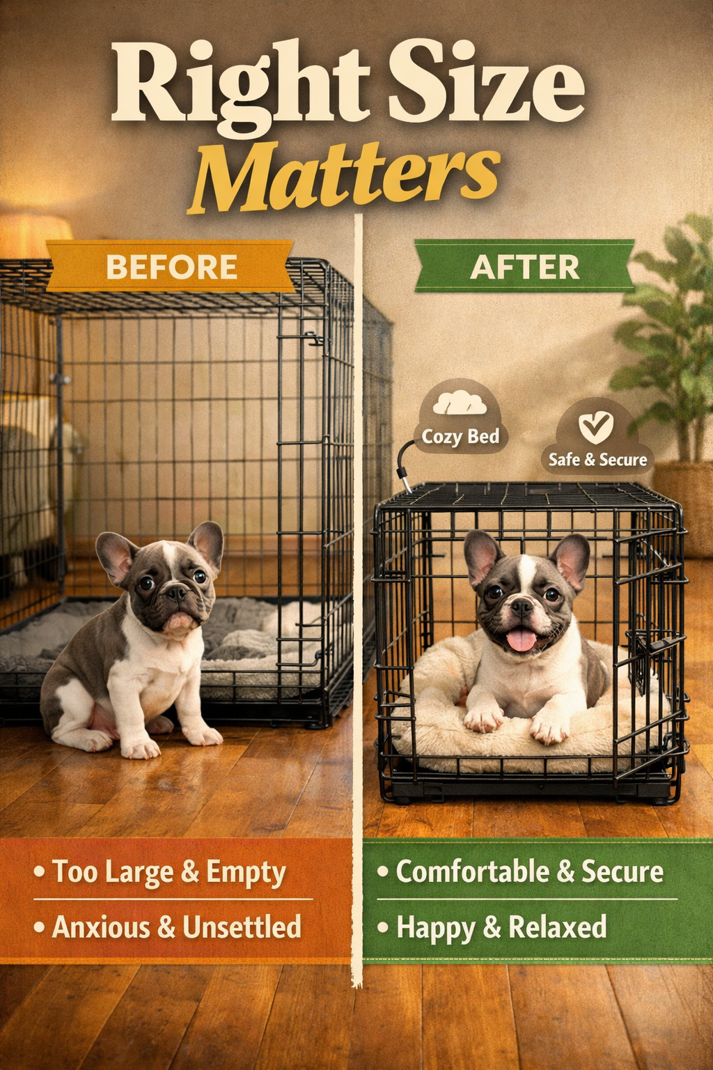 Portrait format (1024x1536) image showing French Bulldog puppy looking anxious next to oversized wire crate, split-screen comparison with sa