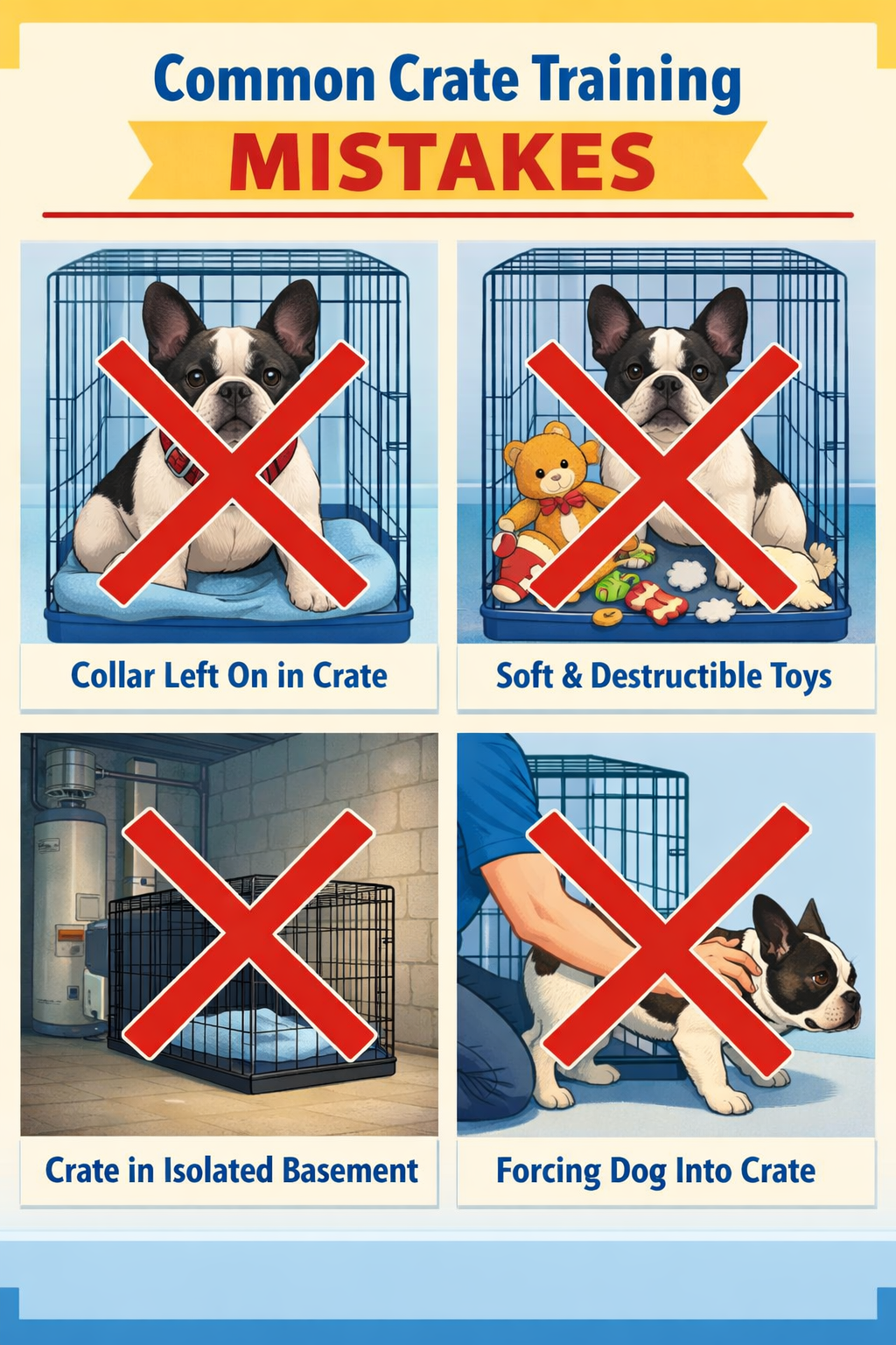 Portrait format (1024x1536) image depicting common crate training mistakes in grid layout: collar left on dog in crate, destructible toys sc