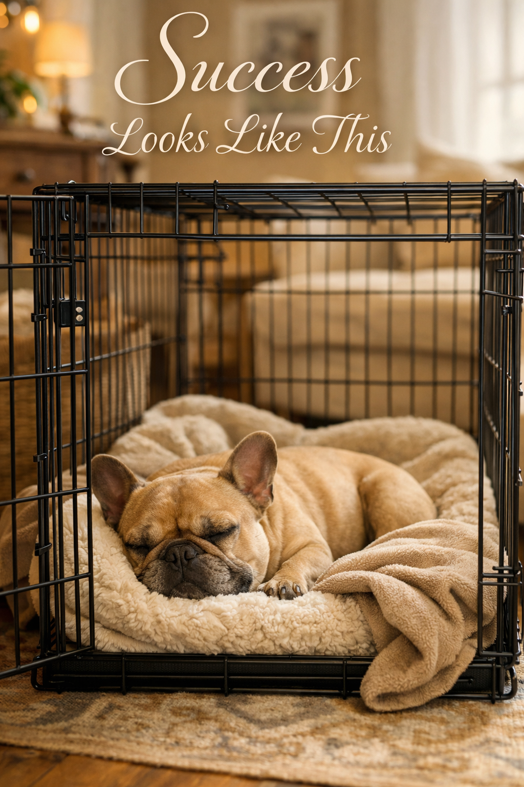 Portrait format (1024x1536) image showing peaceful French Bulldog resting comfortably in properly set up crate with safe bedding, no collar,