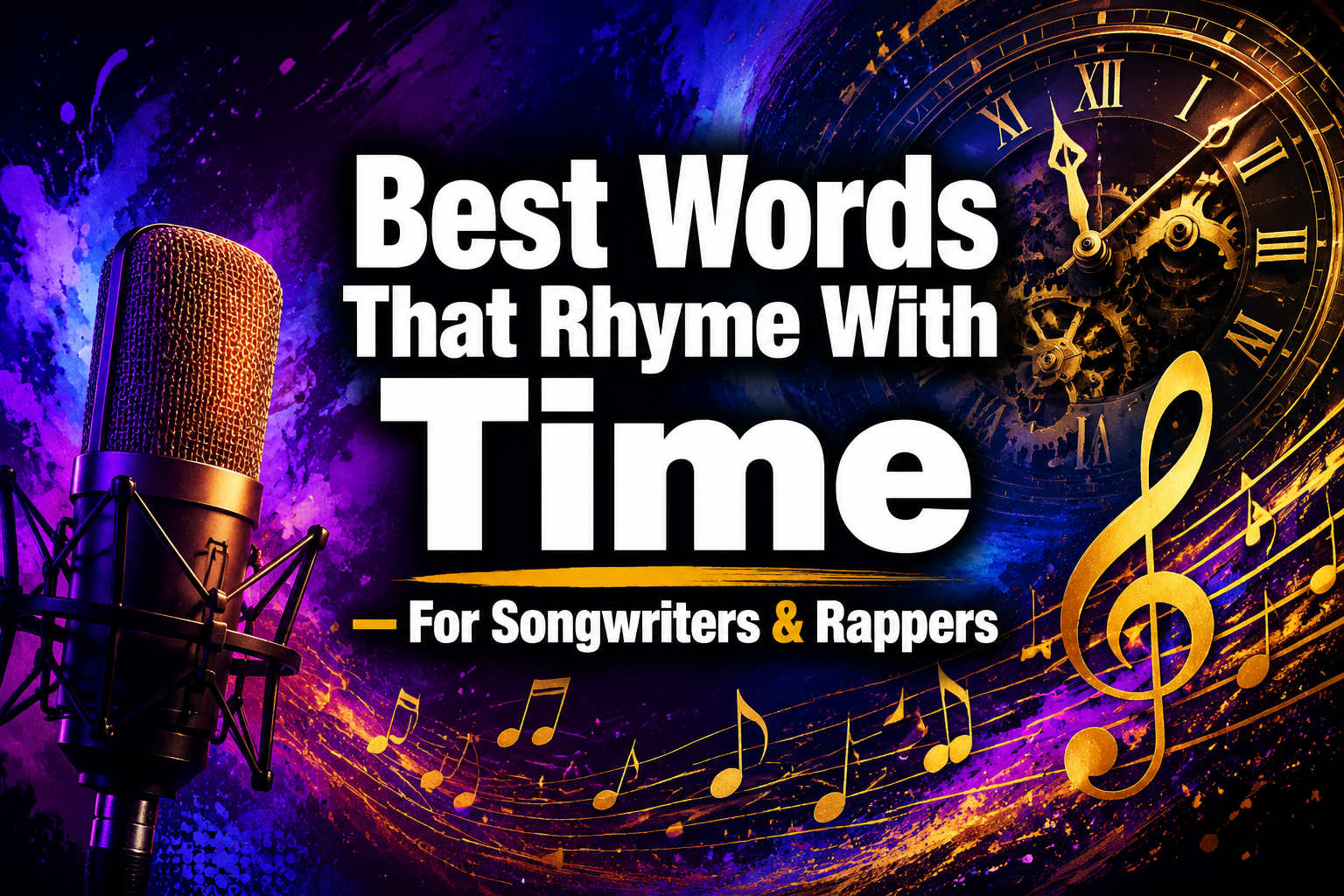 Professional () hero image with : 'Best Words That Rhyme With Time — For Songwriters & Rappers', centered against a vibrant,