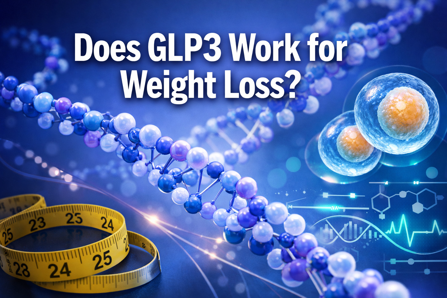 Professional landscape hero image (1536x1024) featuring bold text overlay 'Does GLP3 Work for Weight Loss?' in extra large 72pt white sans-s