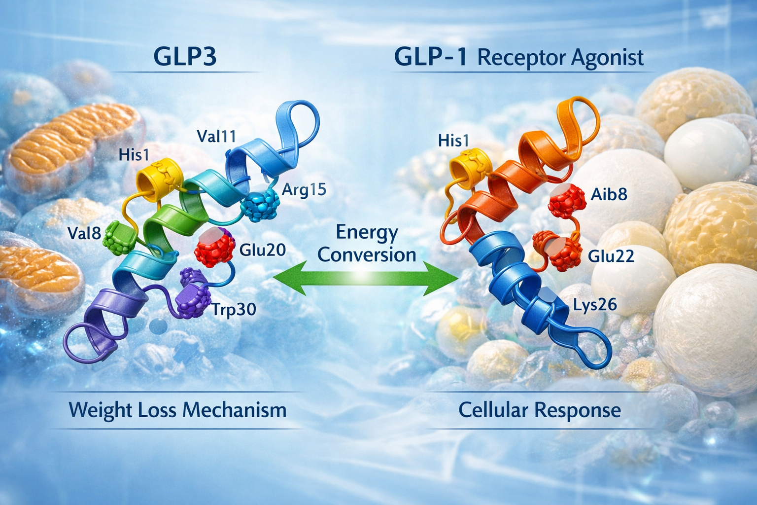 Detailed scientific illustration showing GLP3 peptide molecular structure in 3D rendering with labeled amino acid chains, compared side-by-s