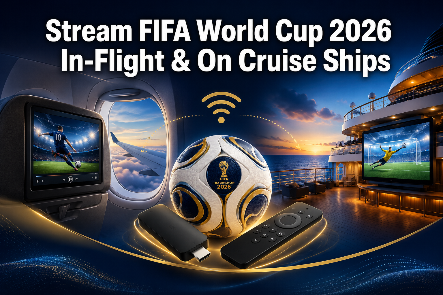 Professional () hero image featuring 'Stream FIFA World Cup 2026 In-Flight & On Cruise Ships' in extra large white with dark