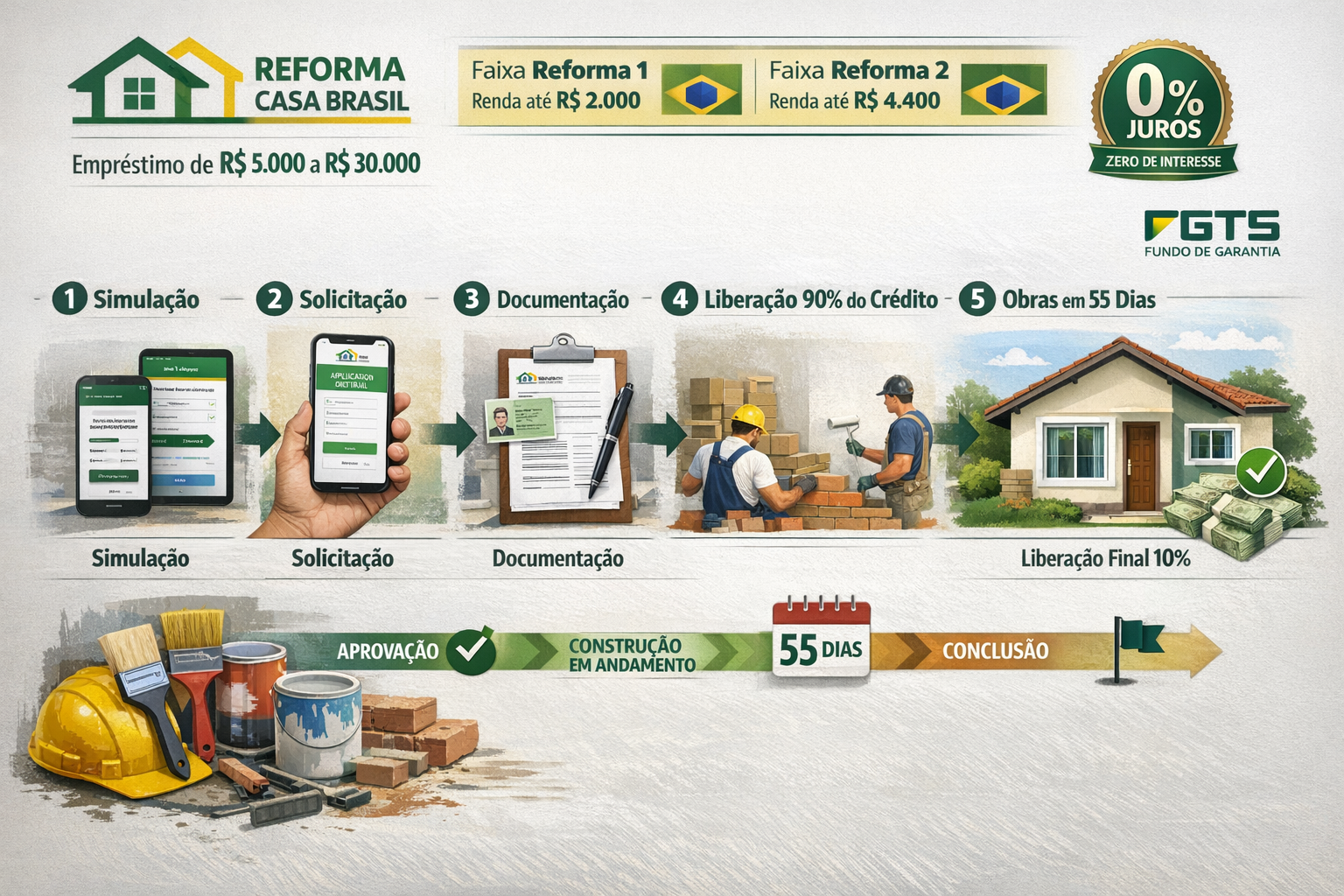 Detailed landscape format (1536x1024) visualization of Reforma Casa Brasil program workflow showing six-step process: simulation, applicatio