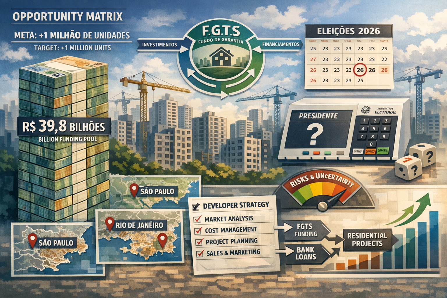 Detailed landscape format (1536x1024) strategic concept illustration for residential developers showing opportunity matrix: over 1 million h
