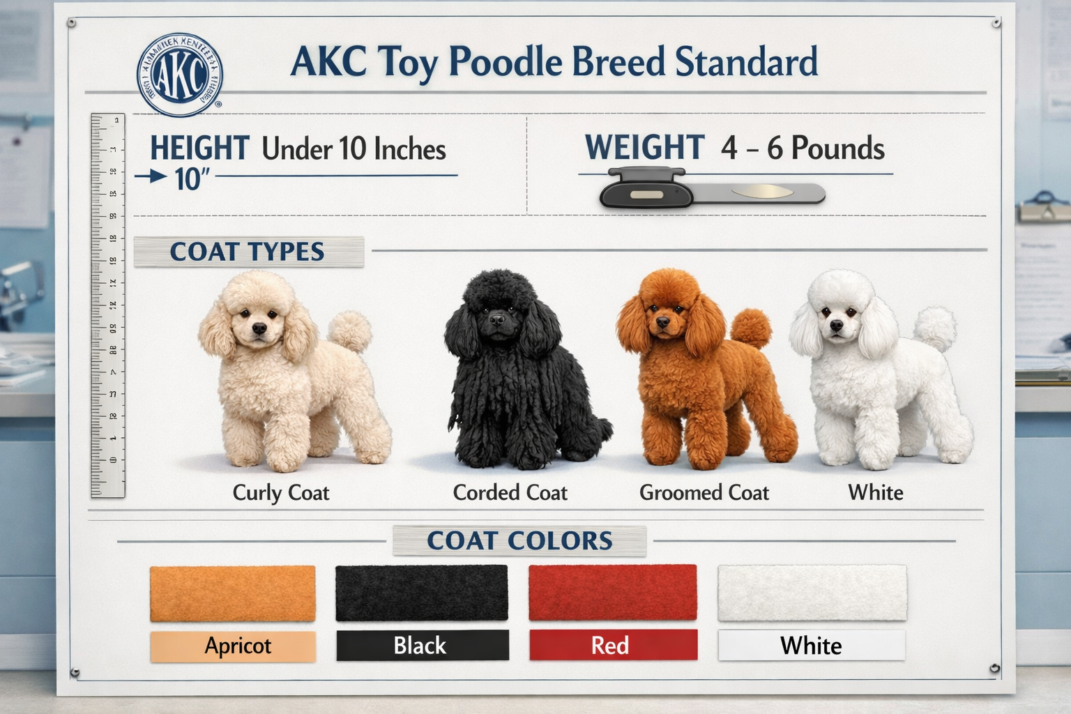 Detailed infographic showing AKC toy poodle breed standards with height measurements (under 10 inches), weight specifications (4-6 pounds),