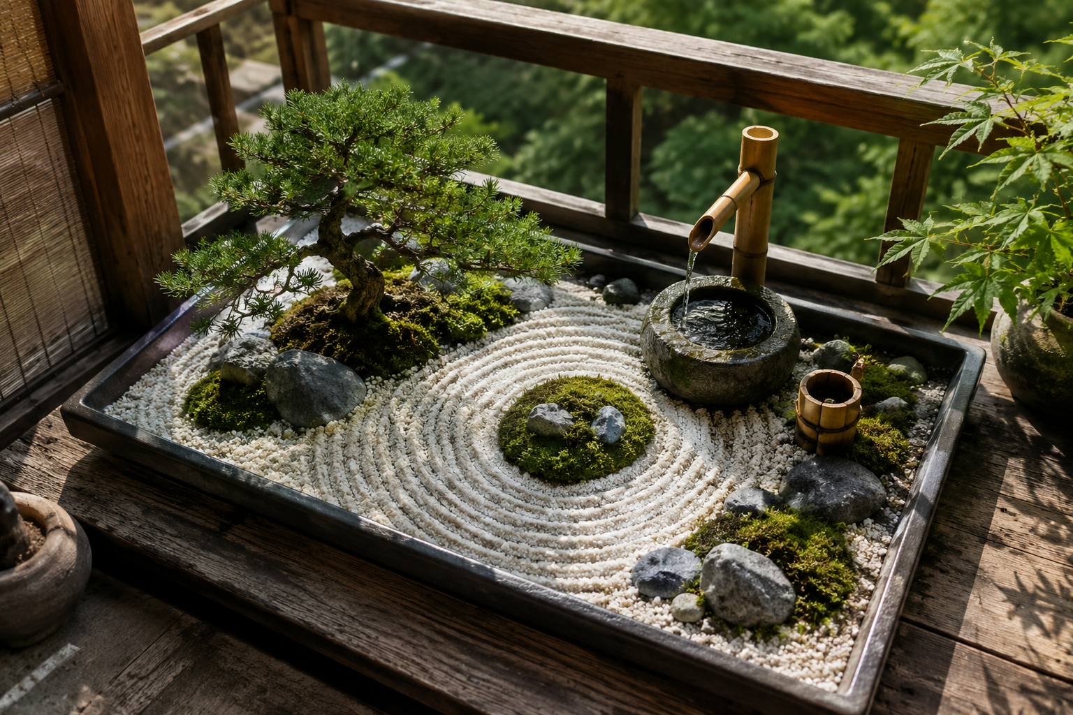 Wide-angle () showing a close-up overhead flat-lay of a wabi-sabi inspired miniature balcony garden arrangement: a shallow