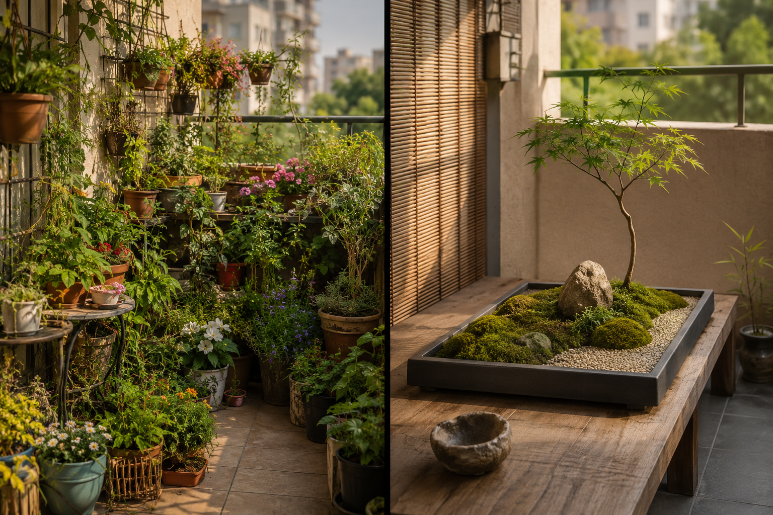 () split-scene comparison image: left side shows a cluttered, overcrowded conventional container garden on a small balcony