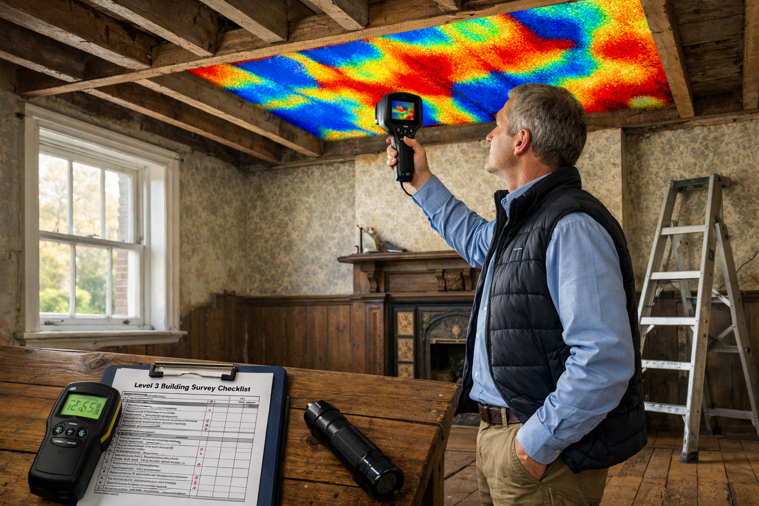 () detailed scene inside traditional East Anglia property showing Level 3 RICS building survey in progress. Professional